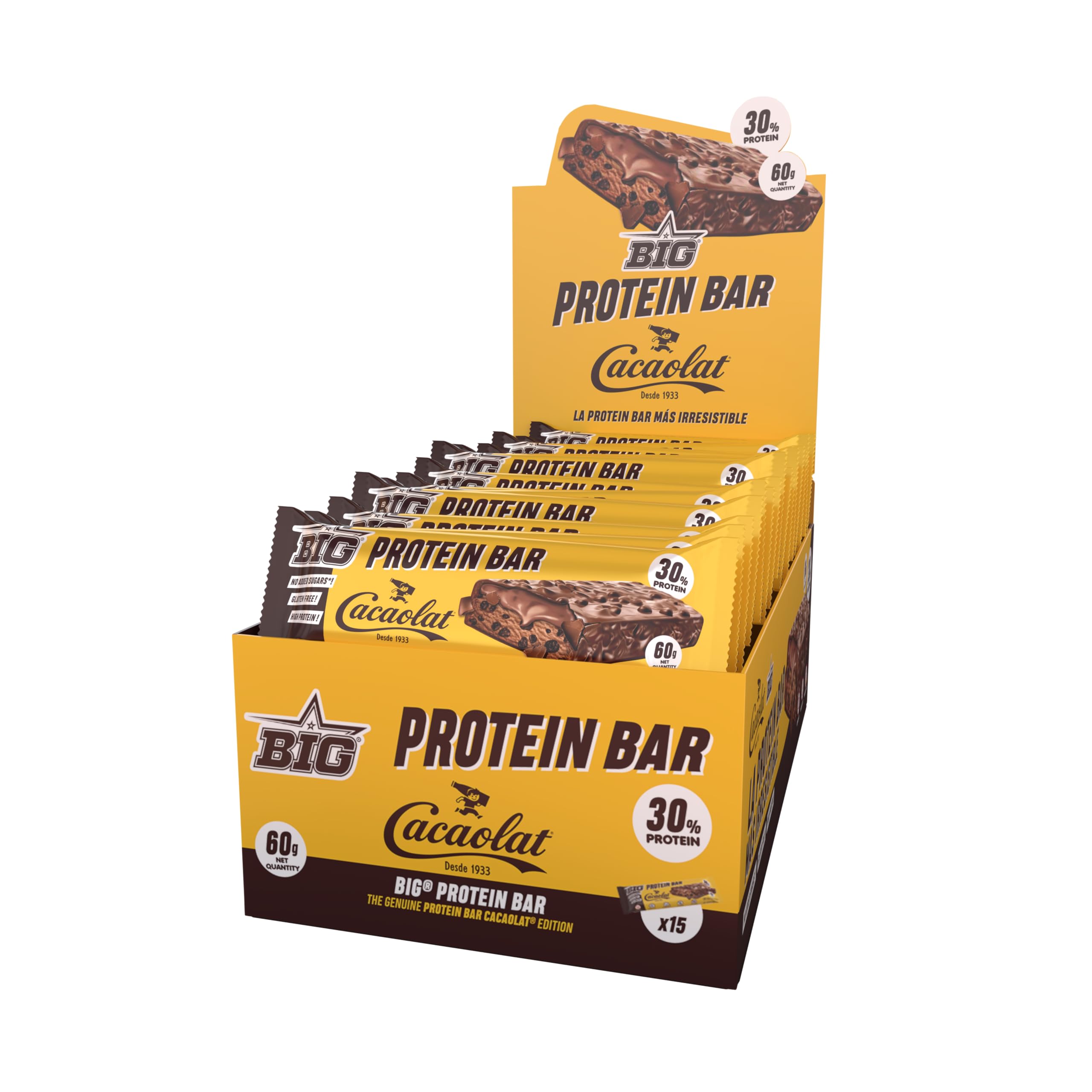 BIG - Barritas Proteina - Barritas Proteinas Sin Azucar - Snack Saludable Alto en Proteínas - + 24 gr por Barrita - Protein Bar con Sabores Exclusivos - Sin Gluten - (Caja (15 uds), Cacaolat)