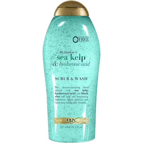 OGX Hydration + Sea Kelp & Hyaluronic Acid Sulfate-Free Lightly Moisturizing Body Scrub with Black Rice, Gentle Exfoliating Daily Body Wash to Soften & Smooth Skin, 19.5 Fl Oz