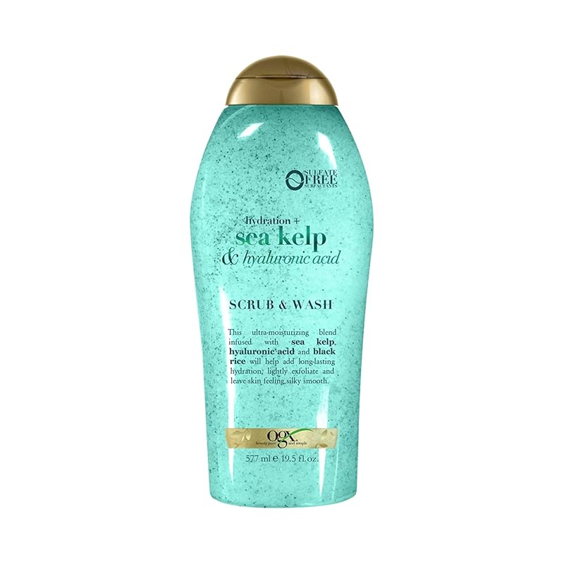 Esfoliante corporal OGX Hydration + Sea Kelp & Hyaluronic Acid com arroz preto, sem surfactantes sulfatados, 577 mL