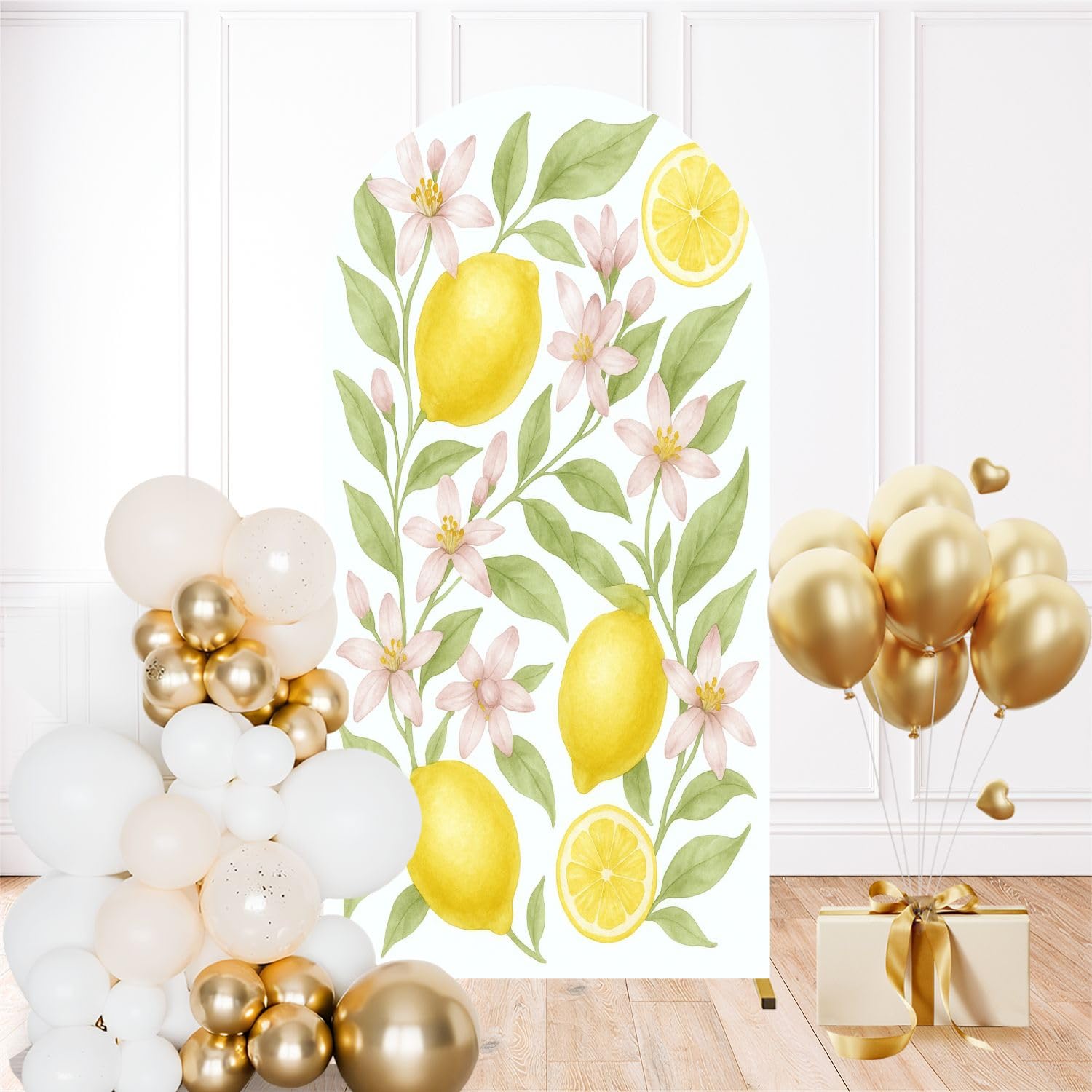 6.6FT Wedding Arch Backdrop Cover Seamless Pattern Lemons Lemon Tree Branches Lemon Fruits Flowers Spandex Fitted Round Top Backdrop Stand Cover for