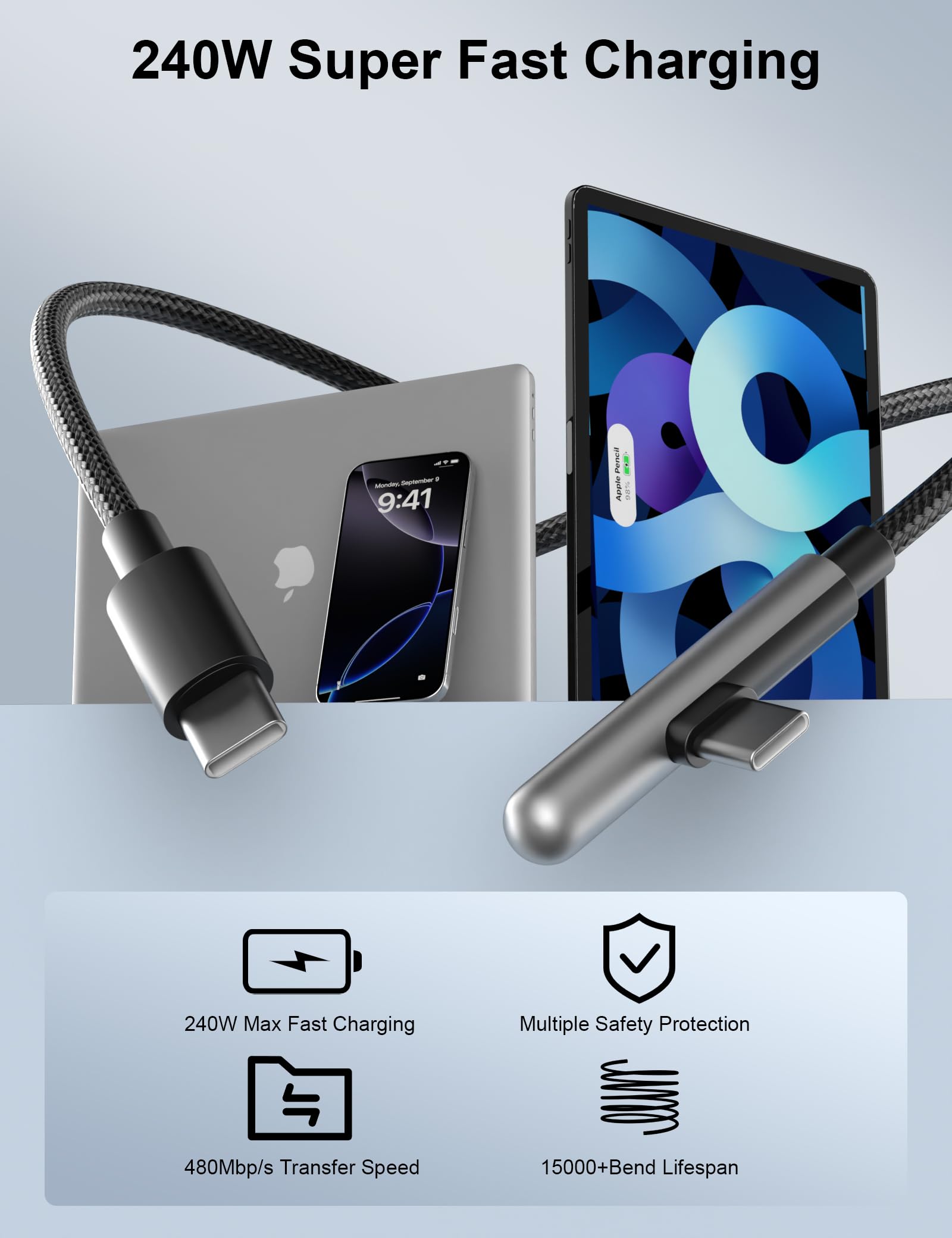Cable USB C de 16 pies de carga rápida de 240 W, cable USB C a USB C extralargo de 16 pies tipo C, cable de datos trenzado para iPhone 17, 16, Pro Max, 15, iPad, MacBook Pro, Air, Galaxy S25, S24