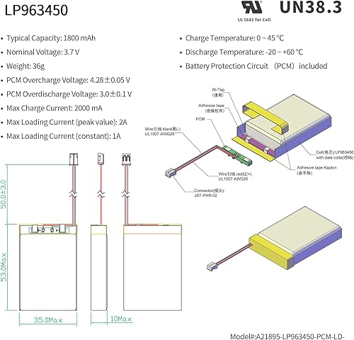 Miniatura 2 de EEMB Batería de iones de litio de 3.7 V 1800 mAh 963450 recargable de 3.7 voltios Lipo con conector JST de cable para altavoz y cámara de