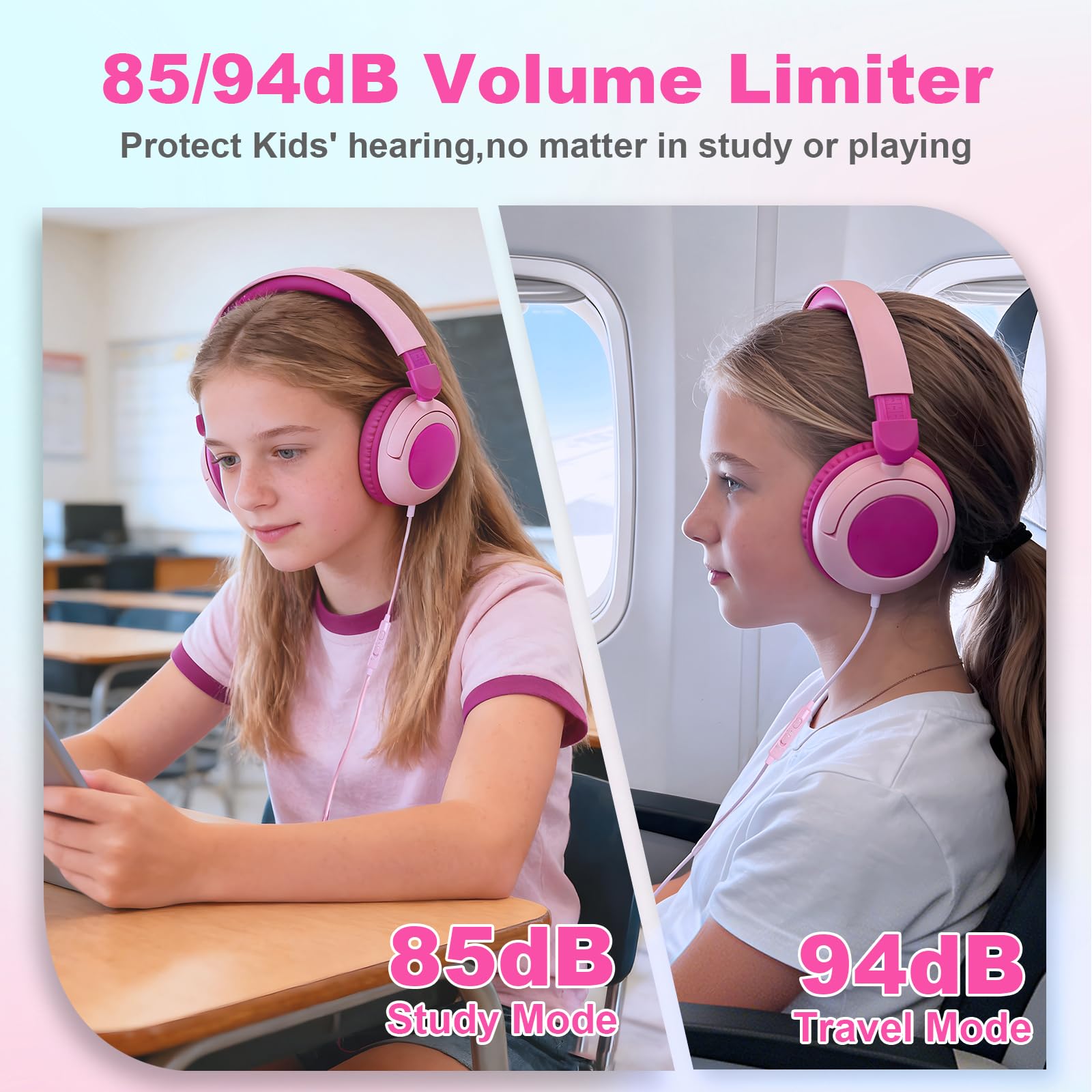 V8 Cuffie per bambini, con cavo jack da 3,5 mm, cuffie per bambini, con limitatore di volume sicuro, suono stereo HD, cuffie over-ear per tablet, iPad, Kindle (rosa)