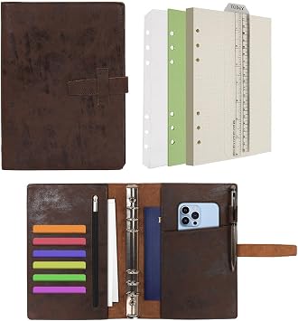 Wonderpool Leather Diary 6 Ring Binder Folder Organiser with Dotted Paper Refillable Writing Notebook & Multi Pockets Cover for Business Study Travel A5, Coffee