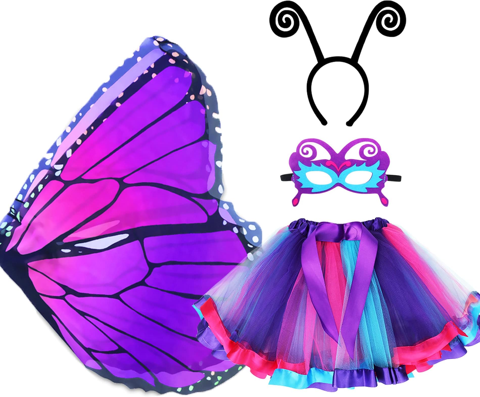 D.Q.Z Fairy Butterfly-Wings Costumes for Girls Dress Up with Rainbow Tutu Mask Headband Bug Play Toys for Kids Party Gifts