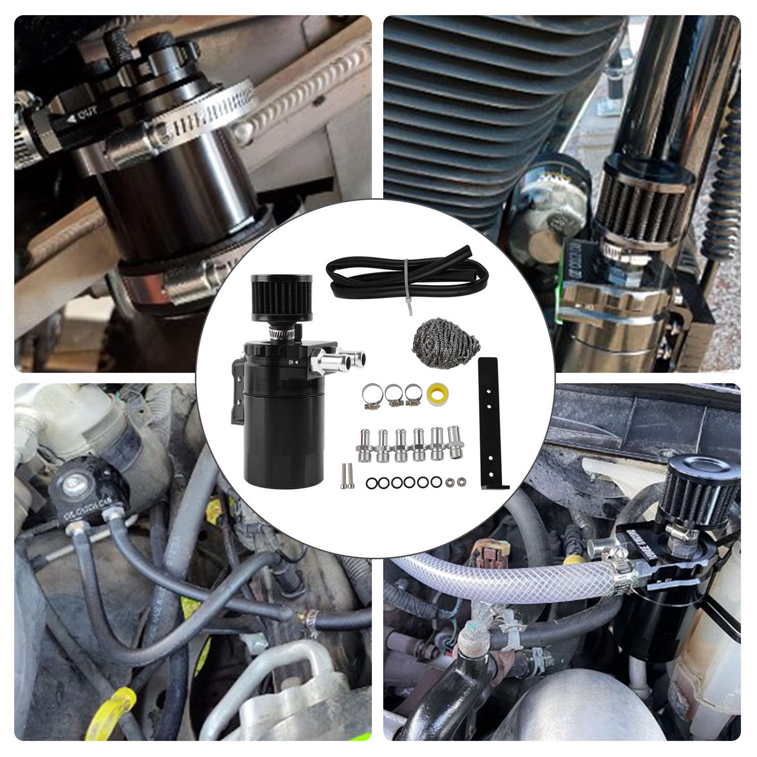 IHOTDER Kit per la raccolta dell'olio per auto, in lega di alluminio, 300 ml, separatore per aria, con filtro di sfiato, tubo flessibile, raccordi per tubi, serbatoio dell'olio sbattuto universale