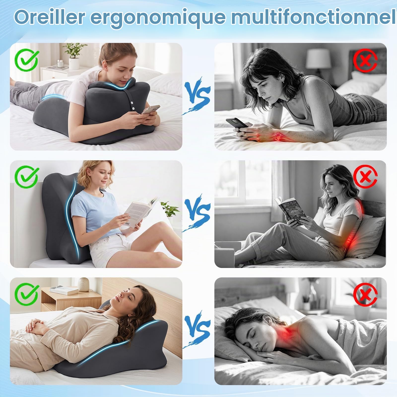 OKYUK Coussin en Mousse à Mémoire de Forme pour Dormir et Lire, Coussin de Lit Polyvalent pour Soutien Dorsal et Surélévation des Jambes, Coussins de Couple avec Housse Amovible et Lavable (Gris)