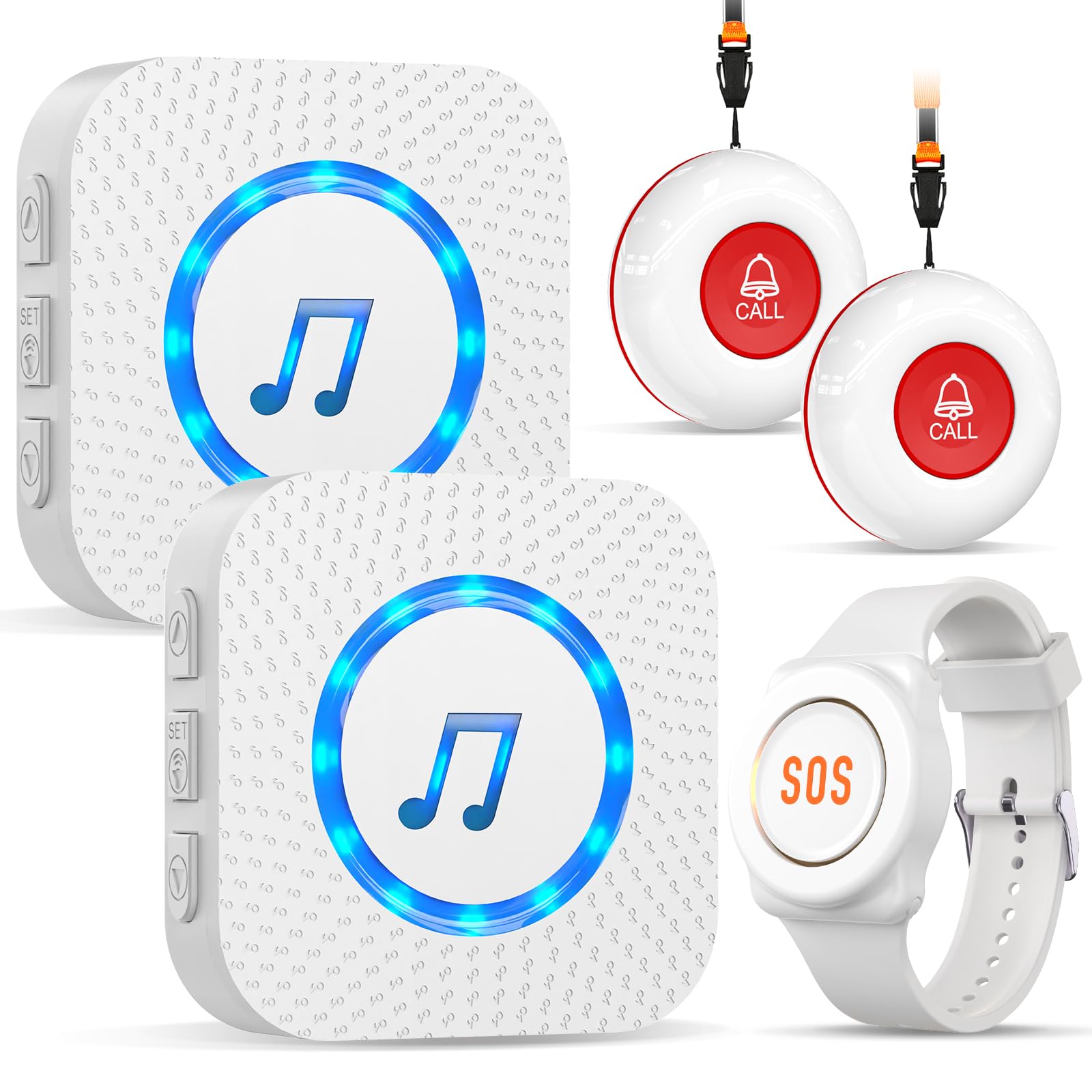 ChunHee Wireless Emergency Call Button System components: two plug-in receivers, two red call buttons with lanyards, and one white SOS wristband.