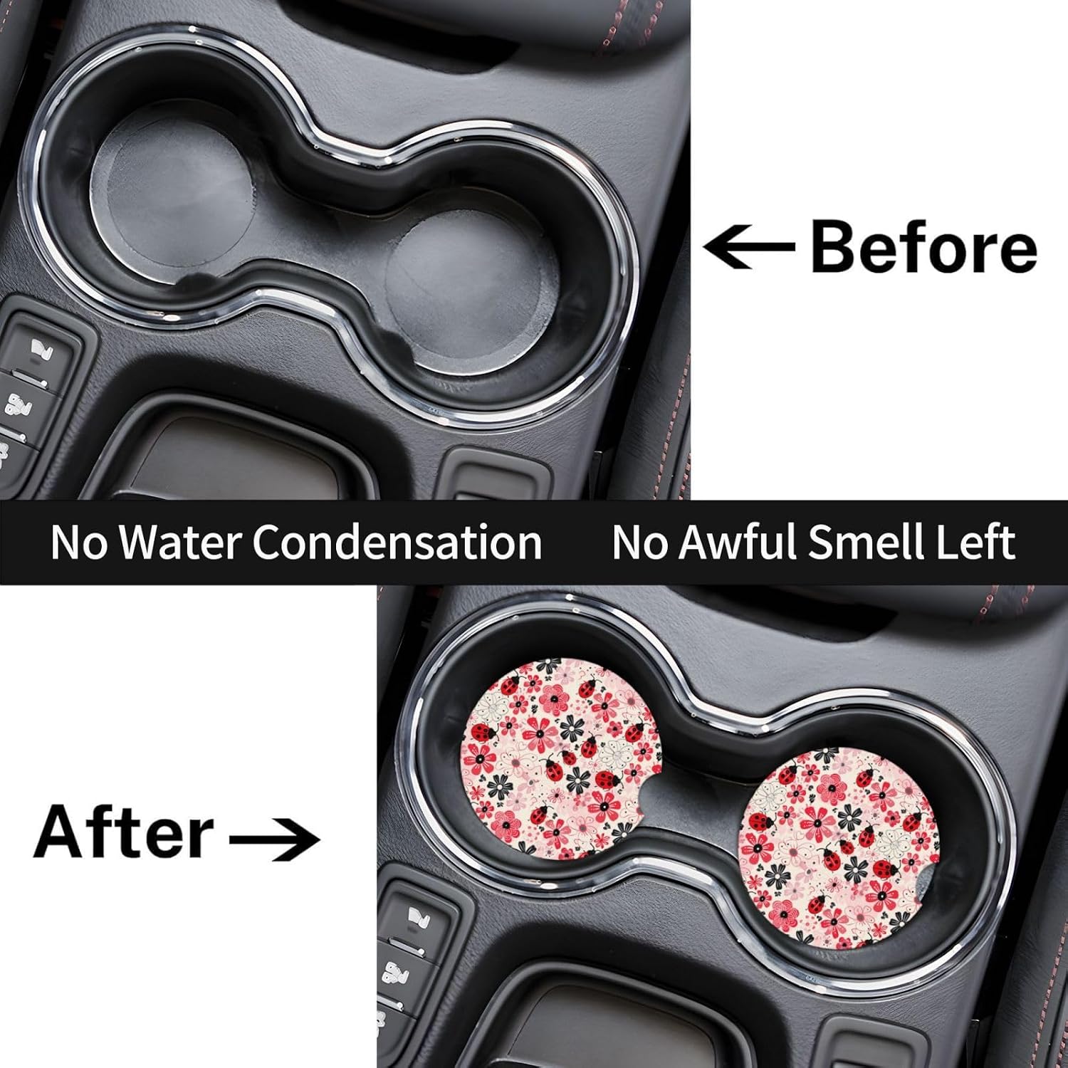 2 Pack Vintage Floral Cute Ladybug Car Cup Holder Coasters, 2.56 Inch Anti Slip Ceramic Absorbent Coaster with Cork Base and Finger Notch Car Accessories Interior for Women Men