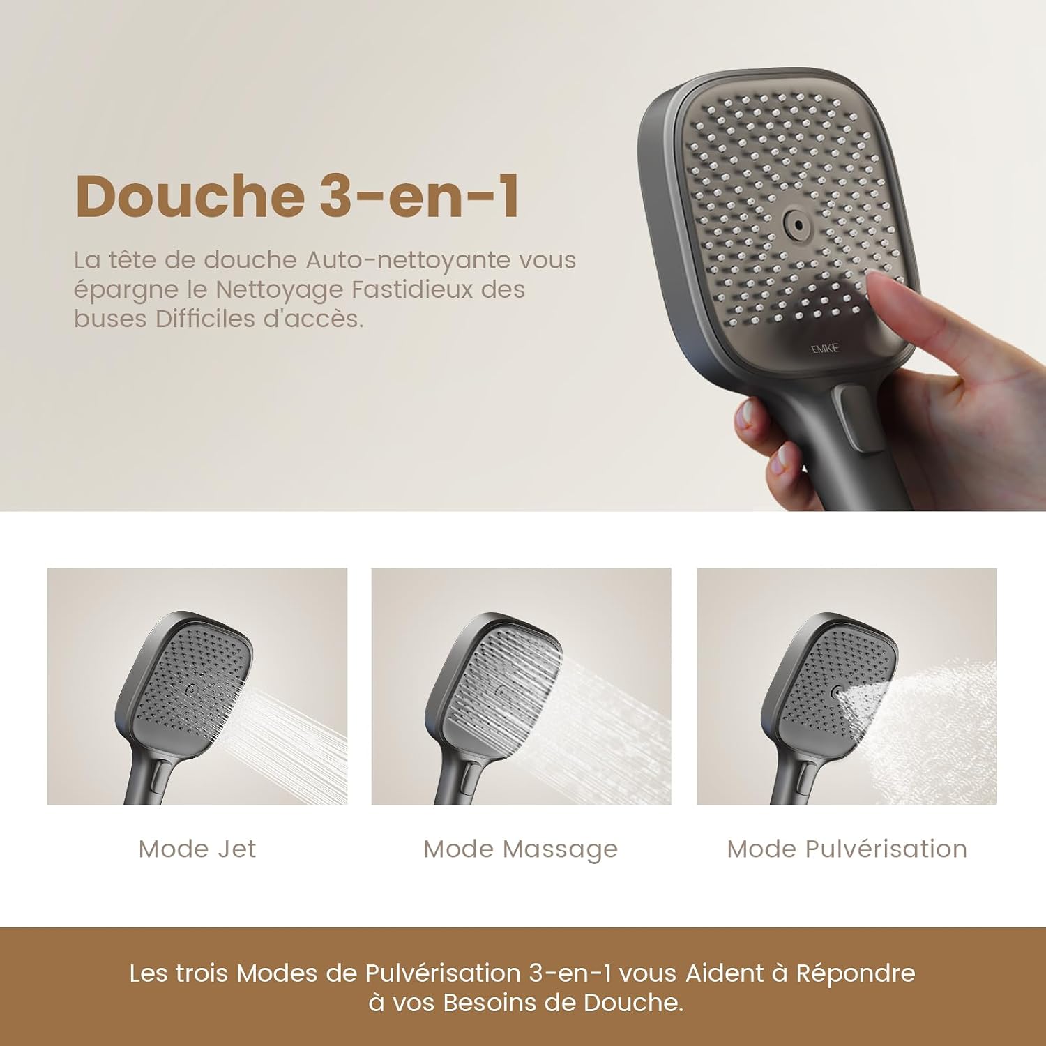 Image showing the three spray modes of the hand shower: Jet, Massage, and Spray.