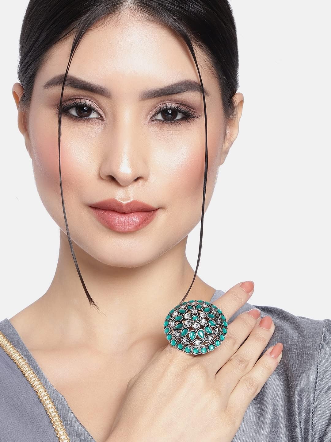 I Jewels Silver Oxidized Indian Wedding Bollywood Kundan Meenakari Work Designer Adjustable Finger Ring for Women (FL1208)