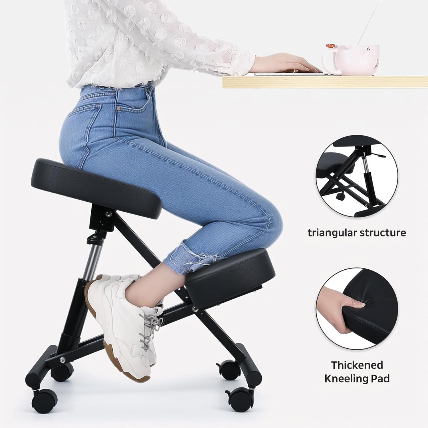 Adjustable Ergonomic Kneeling Chair, Stool for Home Office, Brake and Smooth Gliding Casters, Thick Comfortable Cushions, Posture Correction Chair Desk Supplies Black