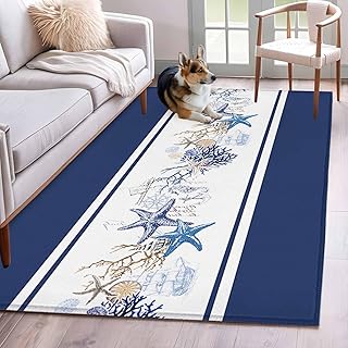 Rectangle Area Rug 3x5ft, Marine Starfish Coral Sailboat Non-Slip Non-Shedding Floor Mat, Nautical Anchor Seahorse Shell Washable Sturdy Carpet for Living Room Bedroom Home Decor