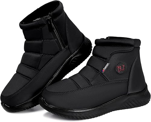 TEMOFON Botas de nieve de invierno para mujer botas anchas con forro de piel cálida con forro de piel negra, cómodas botas planas para caminar al