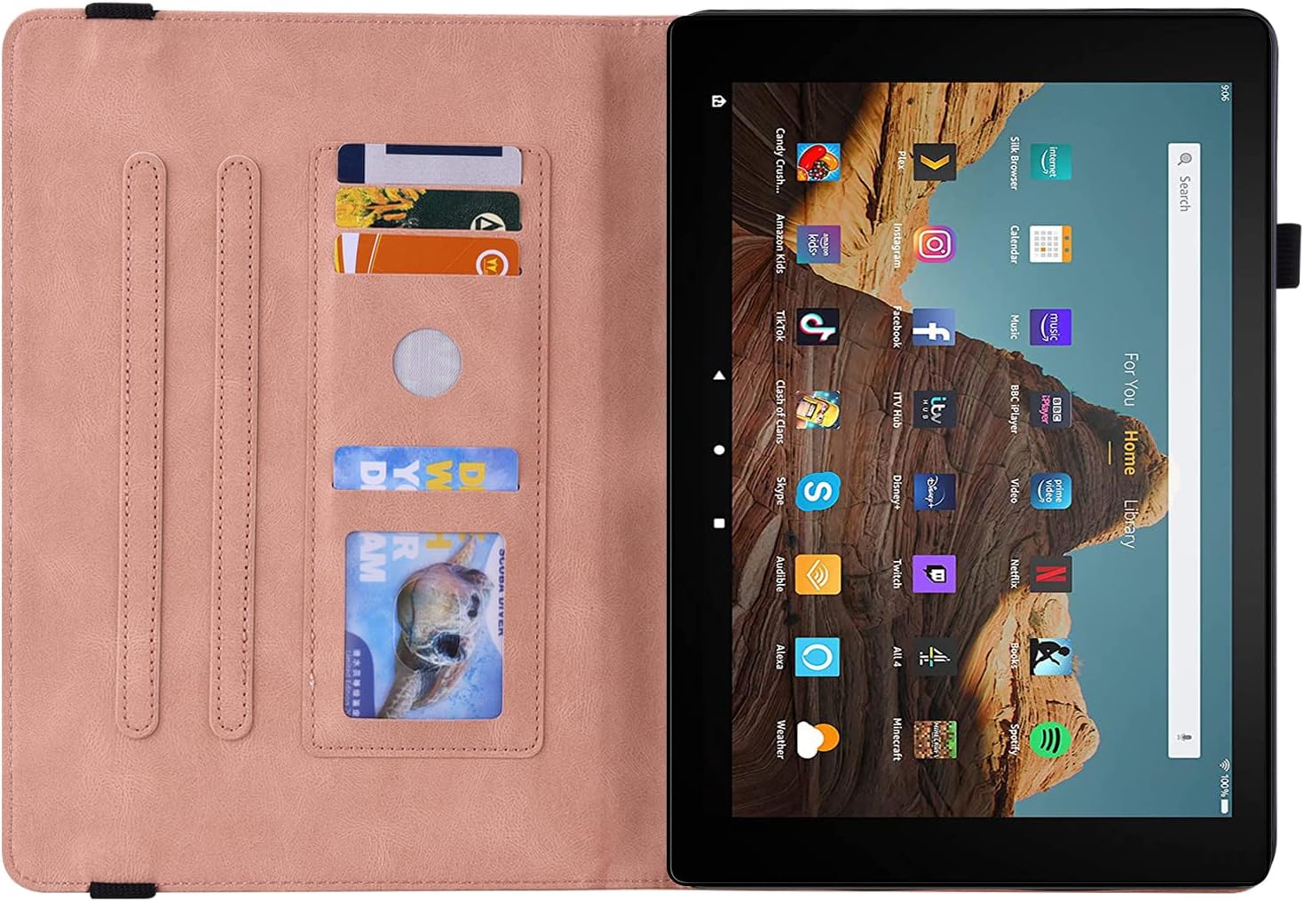 Fire HD 10 Case 9th/7th/5th Generation 10.1" (2019/2017/2015), Slim Folio Stand Wallet with Pencil Holder Elastic Band [Auto Sleep/Wake] Embossed PU Leather Cover, Pink Flower Butterfly