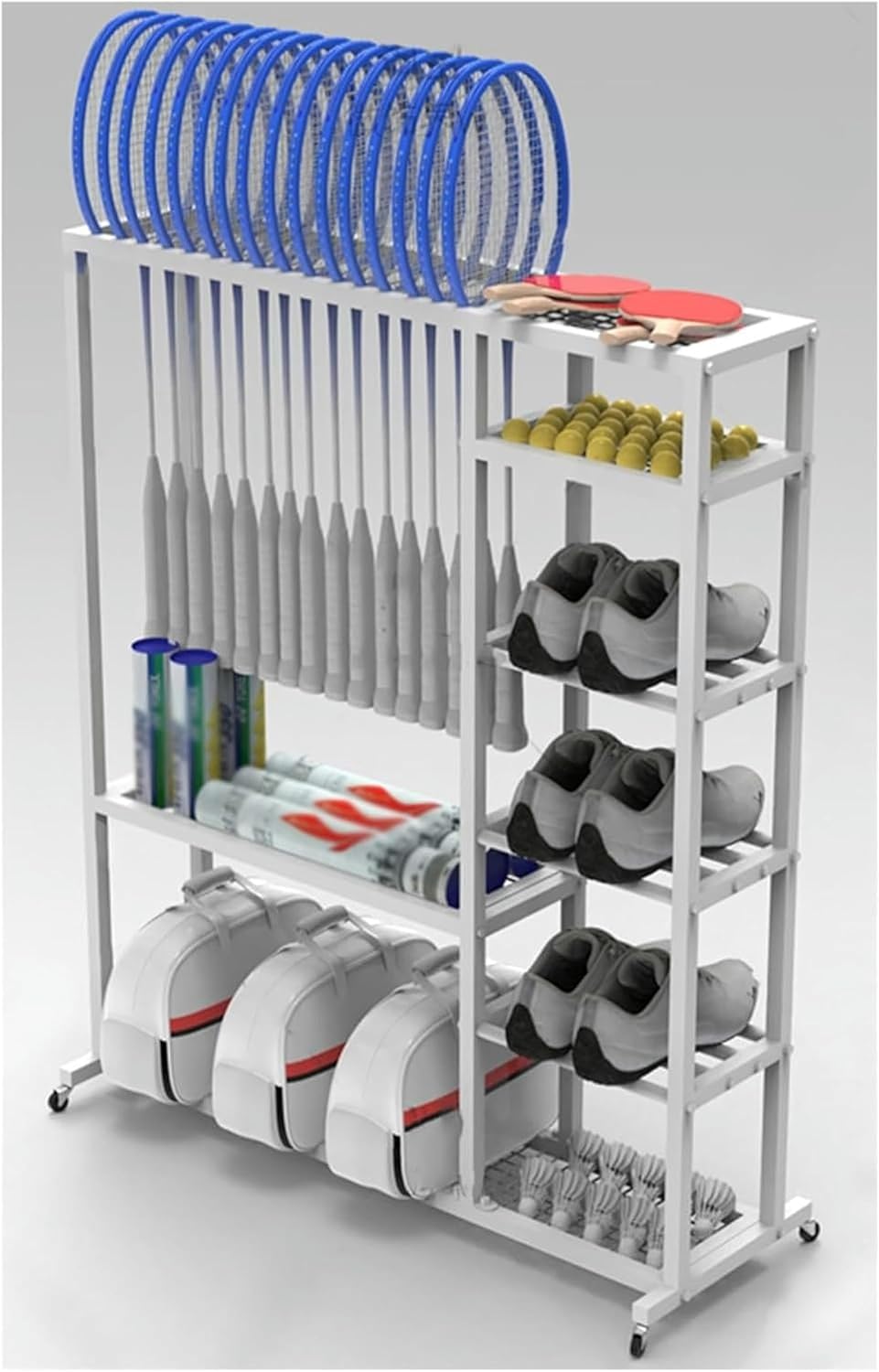 Tennis Racquet Storage Rack White Metal, Portable Rolling Badminton Racket Display Cart, Comemrcial Table Tennis Racket Organizer Holder, Can Hold 16pcs Rackets