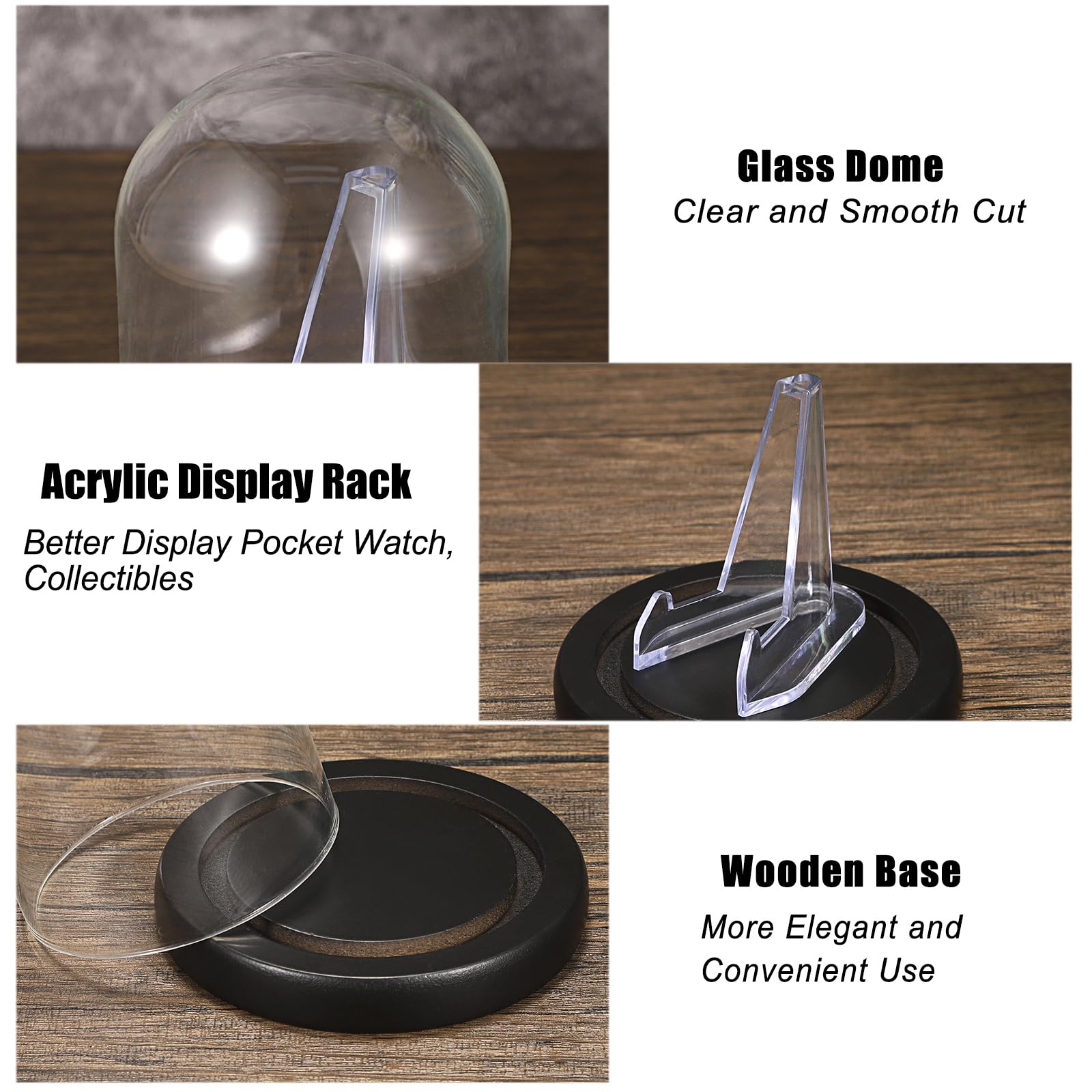 SUMNACON Cloche en verre avec chevalet en acrylique, petite montre de poche décorative transparente pour souvenirs et pièces de monnaie, mini cloche en verre avec base noire (sans montre)