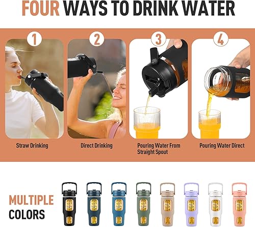 Miniatura 8 de kytffu Vaso de vidrio de 32 onzas con popote y tapa, taza de café helado reutilizable con asa y funda de silicona, botellas de agua motivacionales