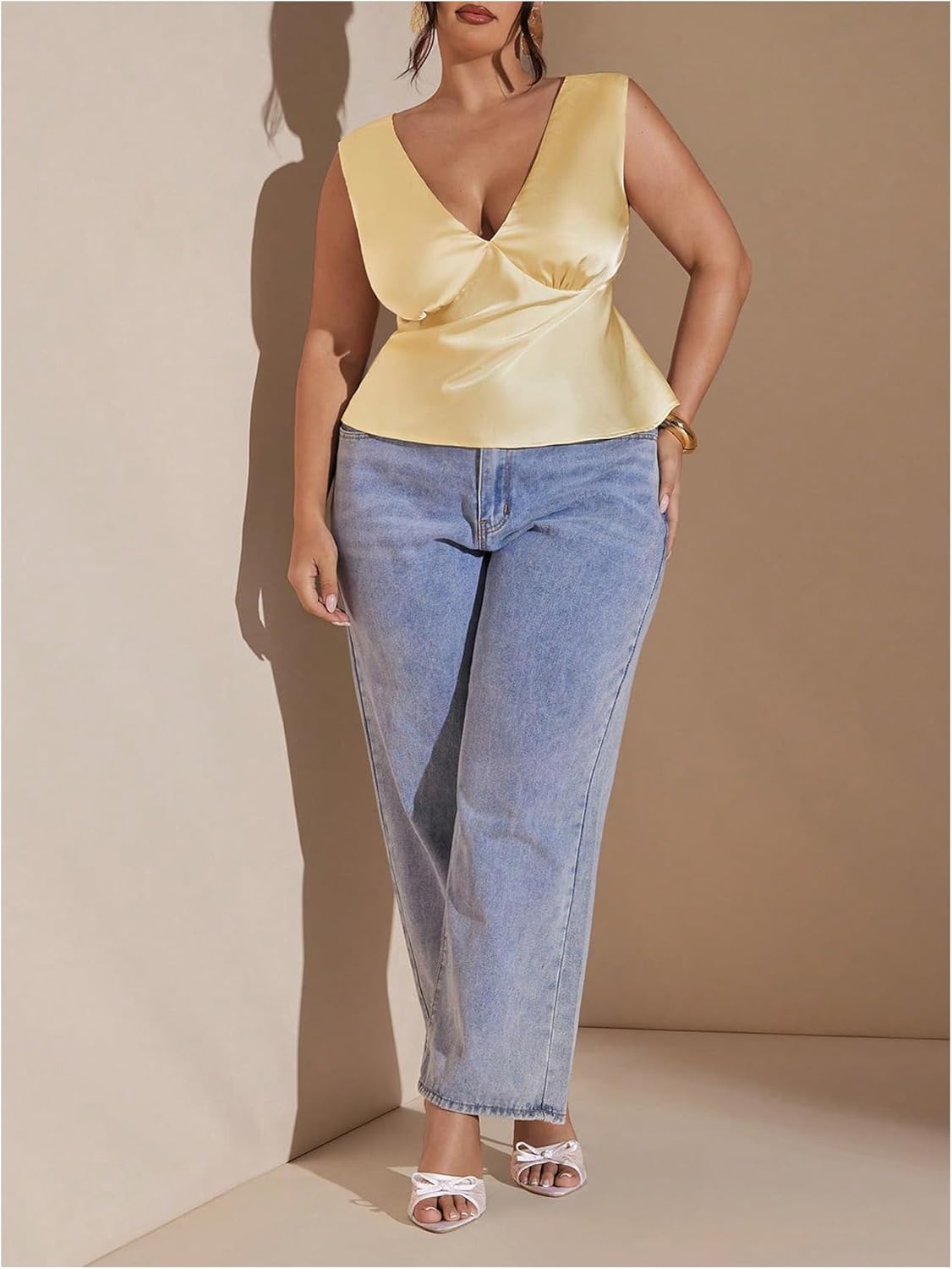 WDIRARA Women's Plus Size Satin Tank Top Deep V Neck Sleeveless Top Shirts - Image 5