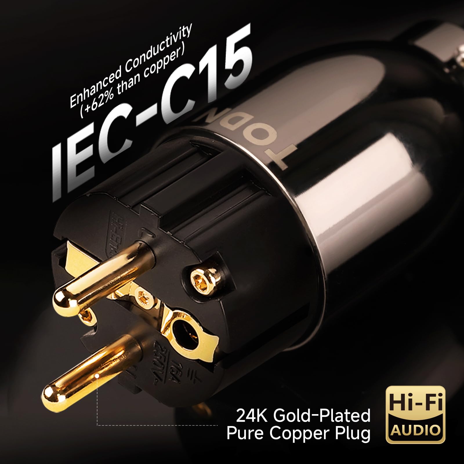 TODN HiFi OCC Netzkabel C15 1,5 m Kaltgerätekabel mit EU Schuko & IEC Plugs | 3×3,2 mm² Leiter, OFC Geflechtschirm, 24K Goldkontakte, Baumwollmantel & Kupfergehäuse für Verstärker und Audioanlagen