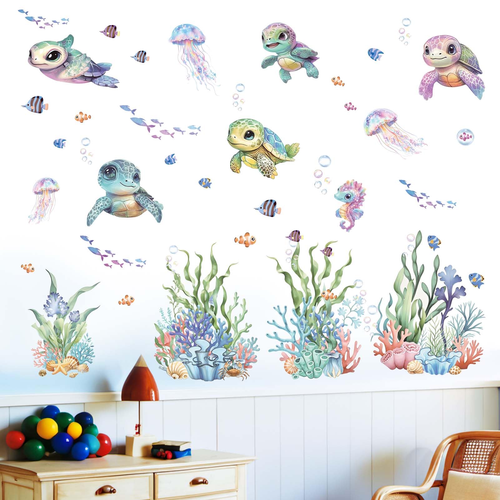 Sea Turtle Wall Stickersfor Kids: Peel and Stick Under The Sea Wall Decals for Baby Nursery Kid Bedroom Toddler Room - Ages 1-12 Years Vinyl Wall Decor