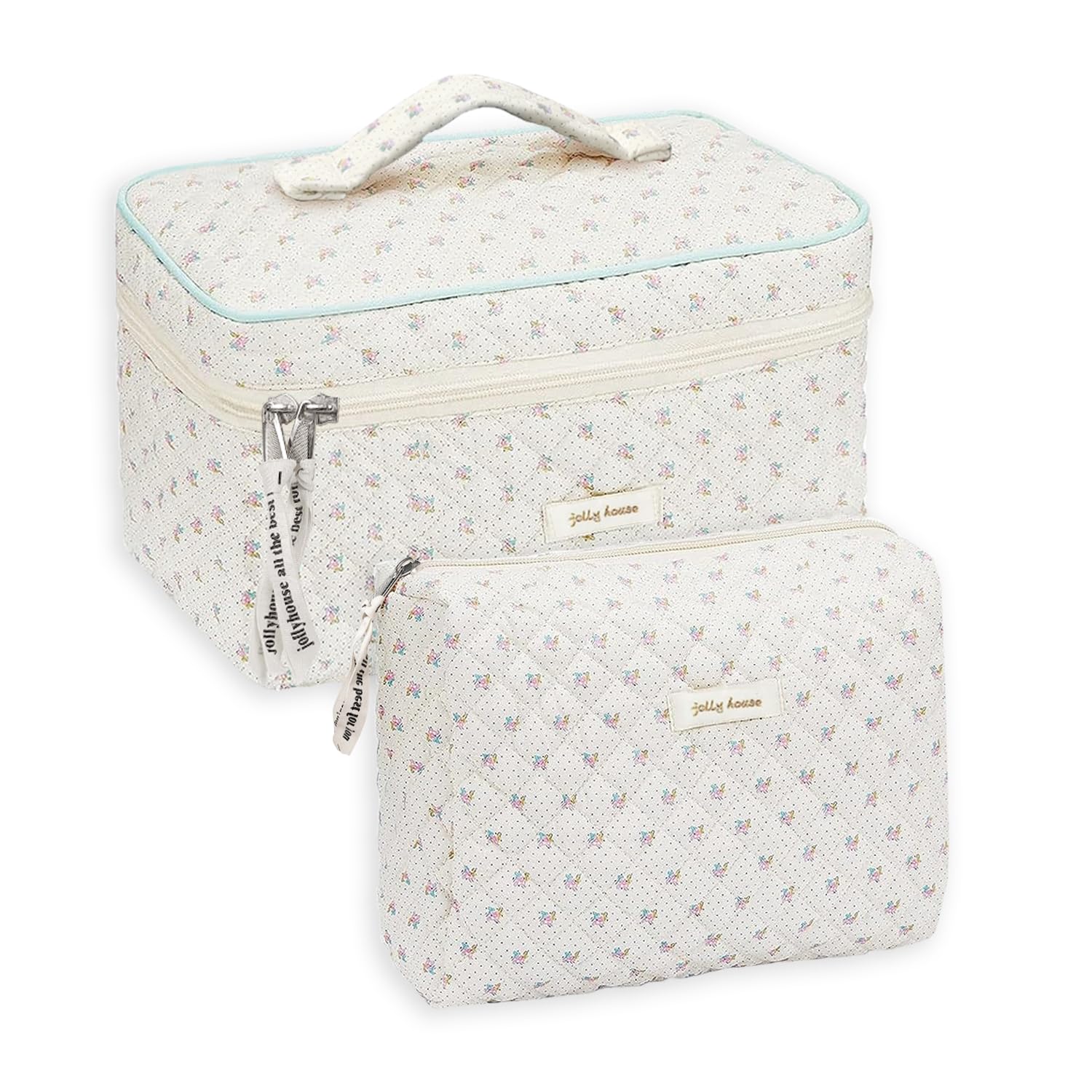 GEMLORD 3 Pieces Preppy Patch Makeup Bag, Small Chenille Letter Cosmetic Bag, PU Leather Waterproof Zipper Skin Care Toiletry Bags for Teen Girls, Portable Preppy Gift for Women(White, Blue, Pink)