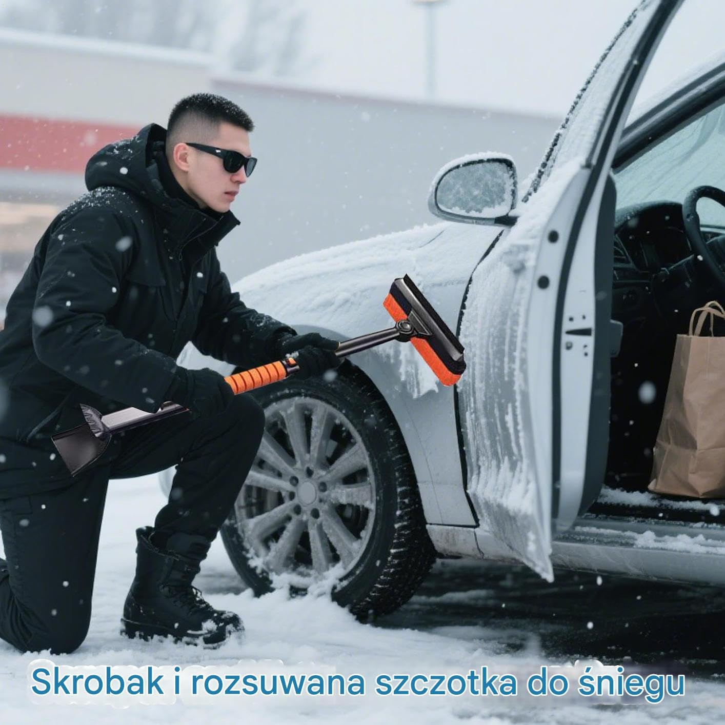 Skrobak Do Lodu Na Przednią Szybę Lopatka Do Odmrażania Z Obrótem 360 | Z Piankową Rączką, Wysuwanym Prętem, Skrobak i Szczotka do Śniegu Do Ochrony Nadwozia I Odsnieżania Podjazdu Zimą