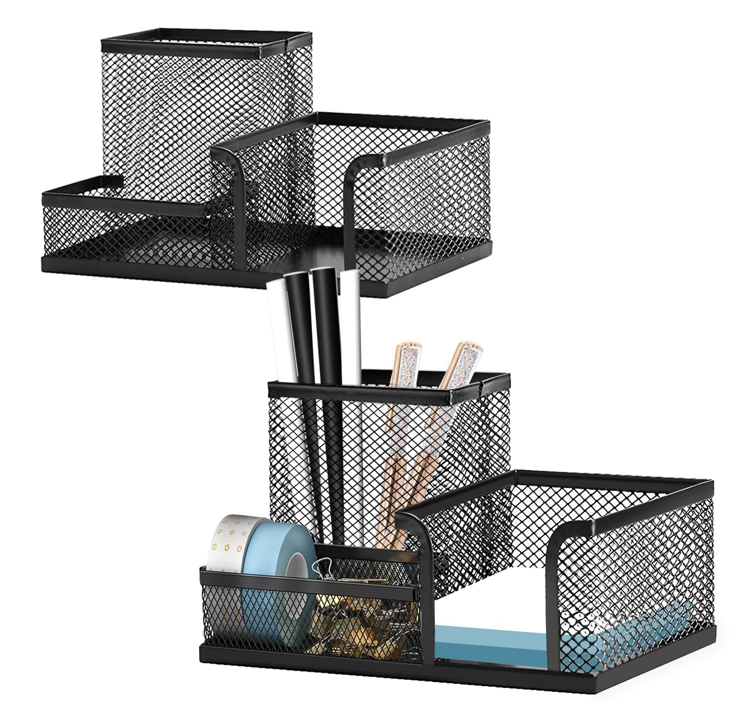 Moonlik Mesh Pen Holder Desk Organizer Set, Pencil Storage Holder with 3 Compartments, Office School Home Desktop Supplies, Desk Accessories for Paper