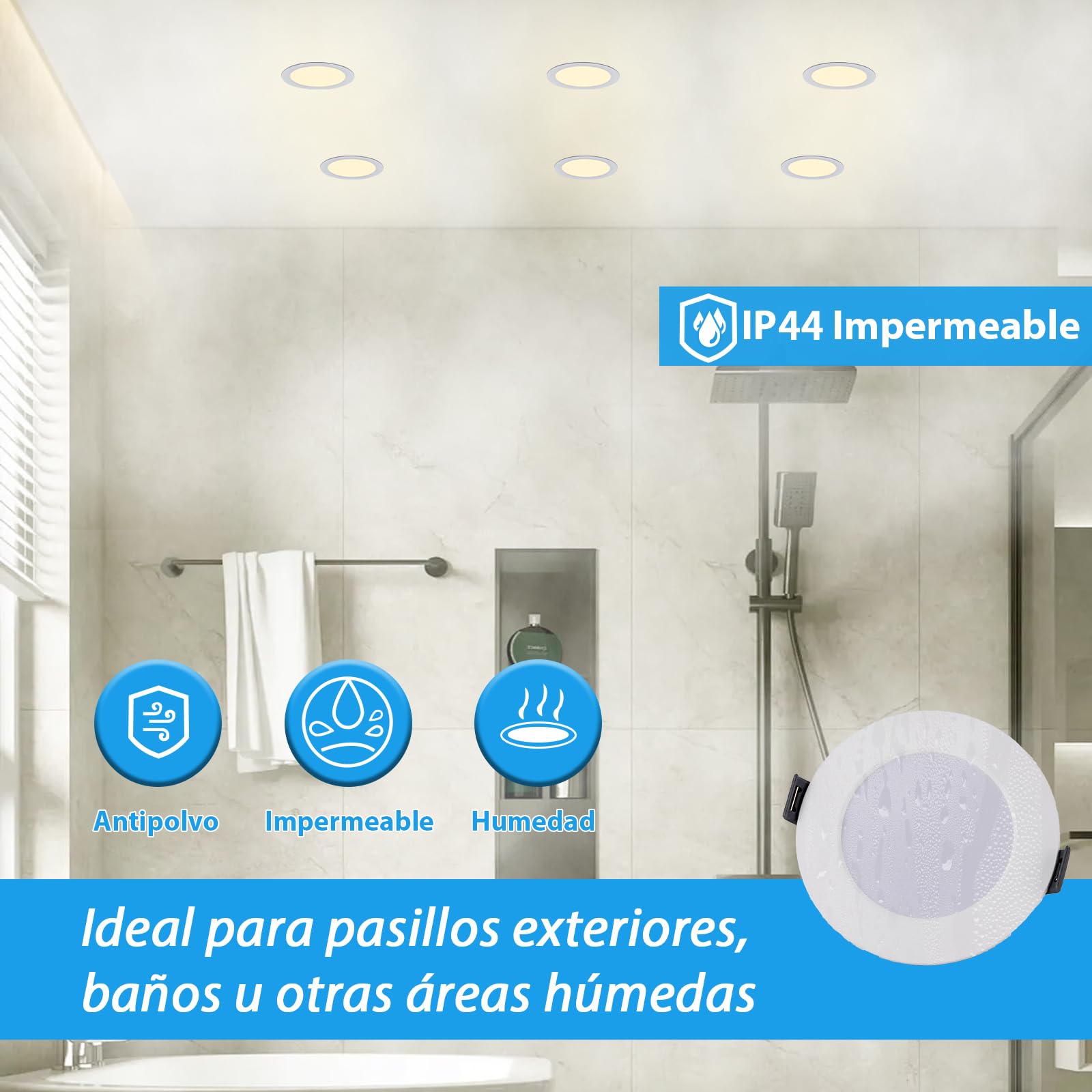6 * 5W LED Techo Empotrable 220V Plano, Ojos de Buey LED para Techo 450LM, Blanco Cálido 3000K, Diámetro Agujeros ø75-90mm, Downlight para Baño Cocina, Salón
