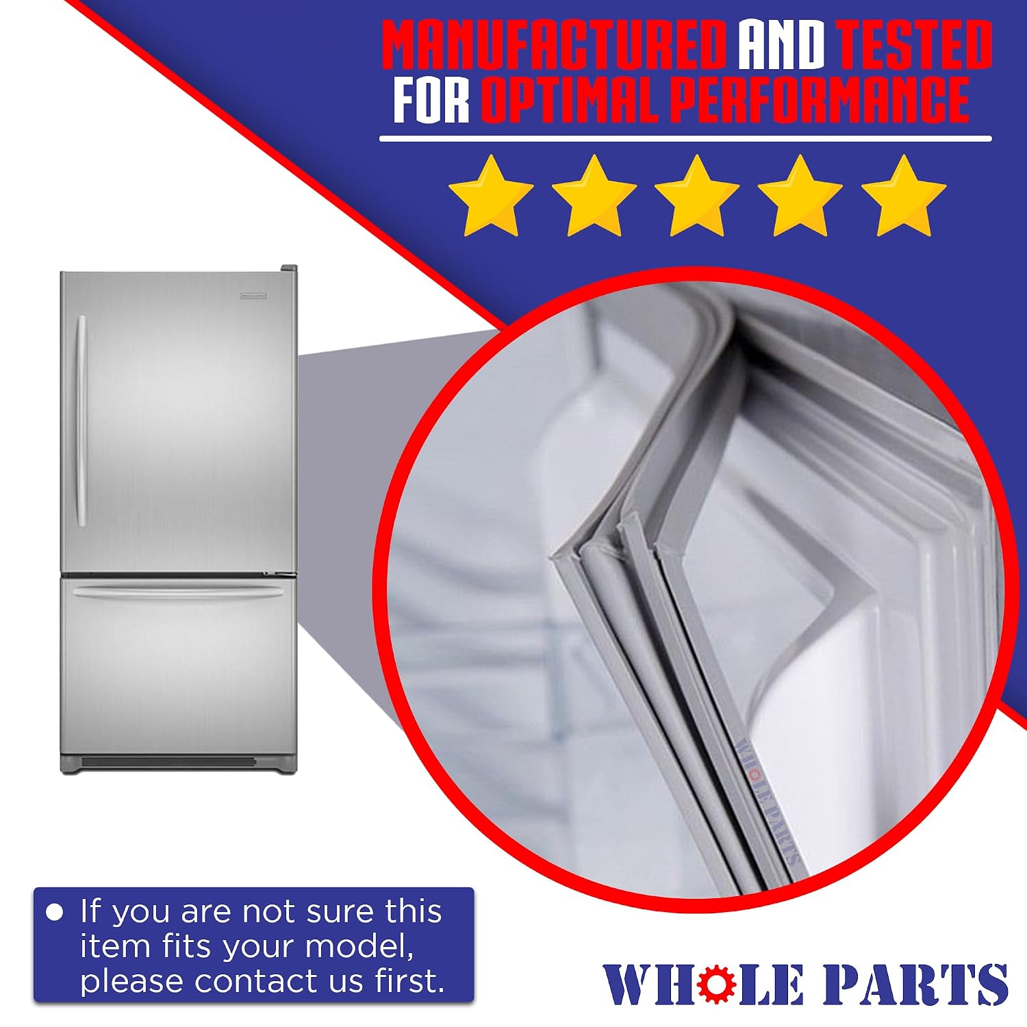 Upgraded Whole Parts Refrigerator Door Gasket (Magnetic Strip Inside, Gray) Part# W10443314 - Replacement & Compatible with Some Amana, Kitchen Aid, Kenmore, Maytag and Whirlpool Refrigerators