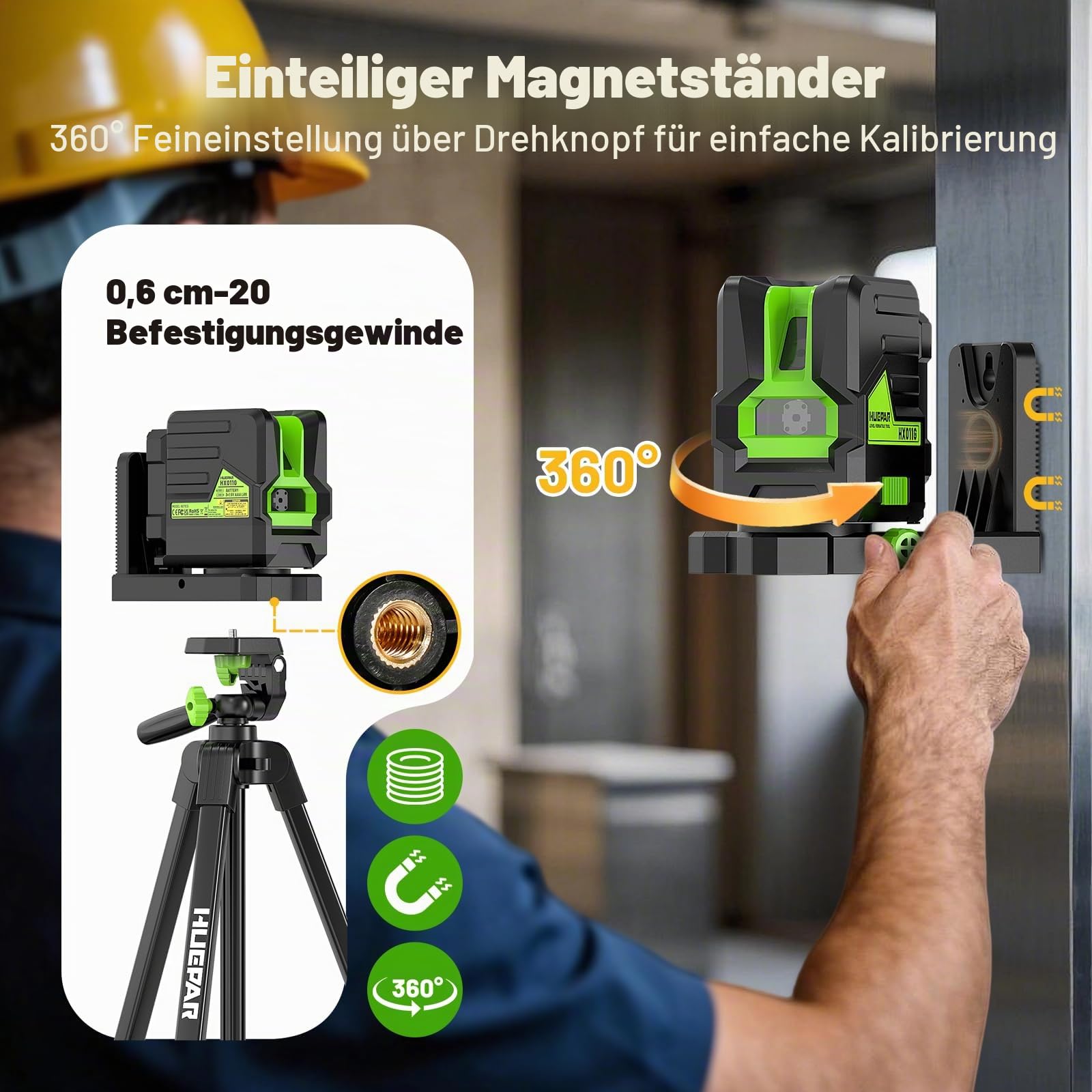 Kreuzlinienlaser, Huepar HX011G Grünen Lasernivellier, Selbstnivellierender Linienlaser mit Grünen Kreuzlinien Laser-Vertikale und Horizontale Linie, Laser-Tool für Bildaufhängen und DIY-Anwendung