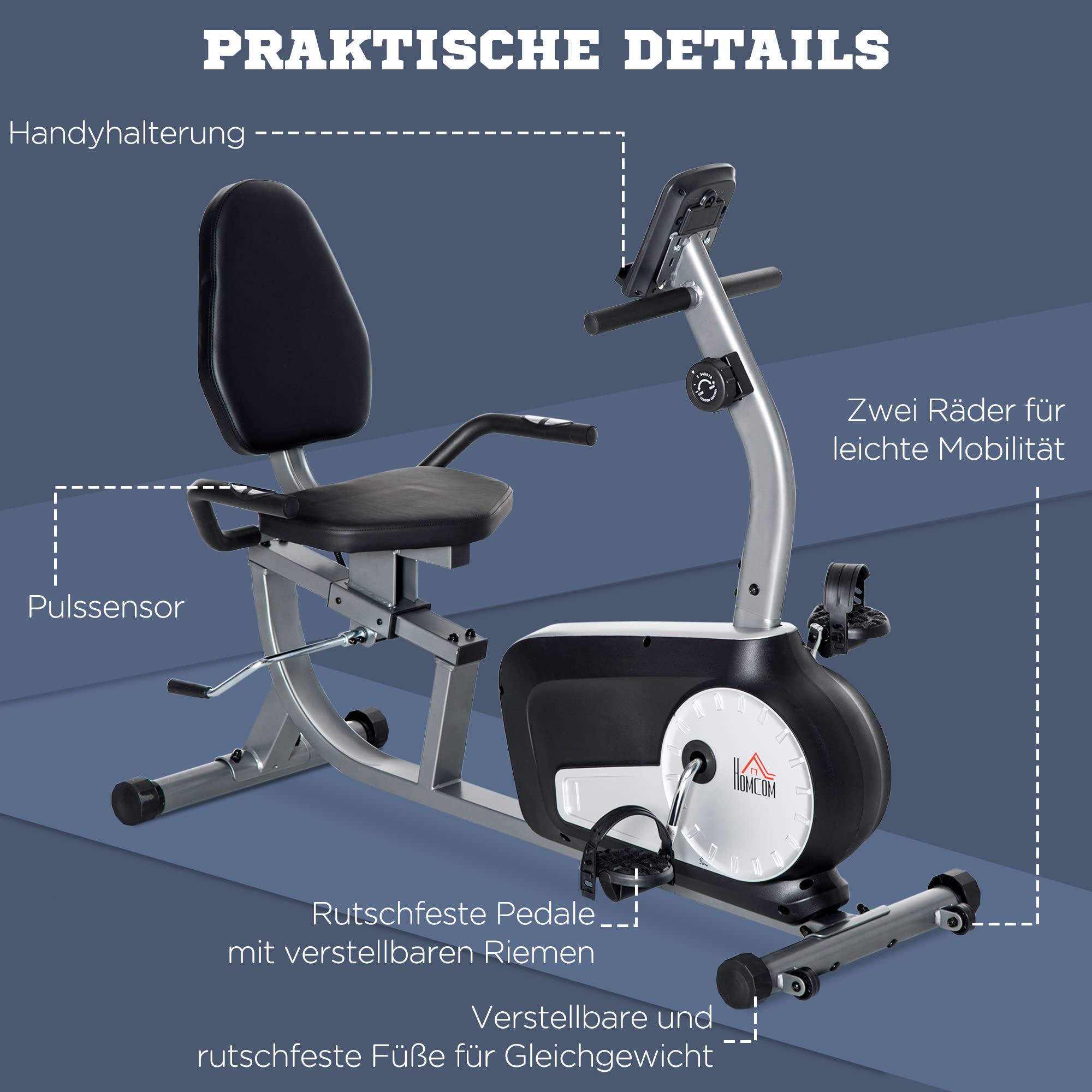 HOMCOM Domowy miernik do leżenia trenażer rowerowy z wyświetlaczem LCD, regulowany ciężar użytkownika do 110 kg, 8-stopniowa regulacja oporu magnetycznego, stal ABS