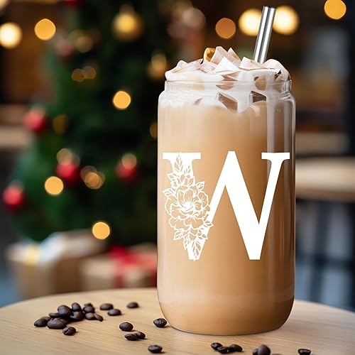 Miniatura 112 de Coolife Vaso de vidrio con inicial, regalos con monograma para mujer, tazas de vidrio de 16 onzas con tapas y pajitas, vaso de cerveza para batido