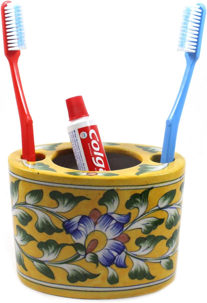 Handicraft Ceramic Bathroom Accessories Set-Soap Dish, Liquid Dispenser, Toothbrush Holder Set, Tray, Cotton Ball Holder with lid, Best Gifting, Made by Awarded- Indian Artisan