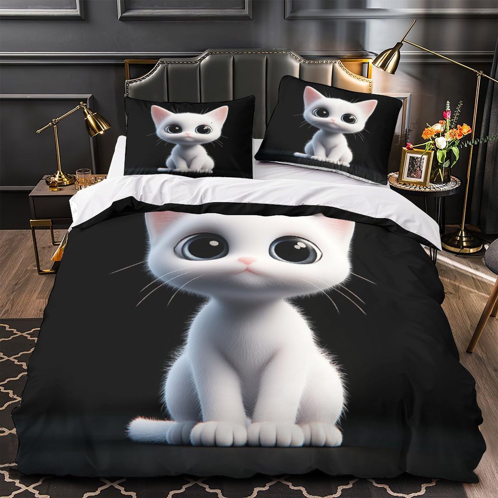 Gattino carino 3D Stampa Coperteletto 3pz Microfibra Leggera Fumetto digitale Coperta Letto 2 federe Antimacchia Adolescenti Adulti Giovani Super king（260x220cm）