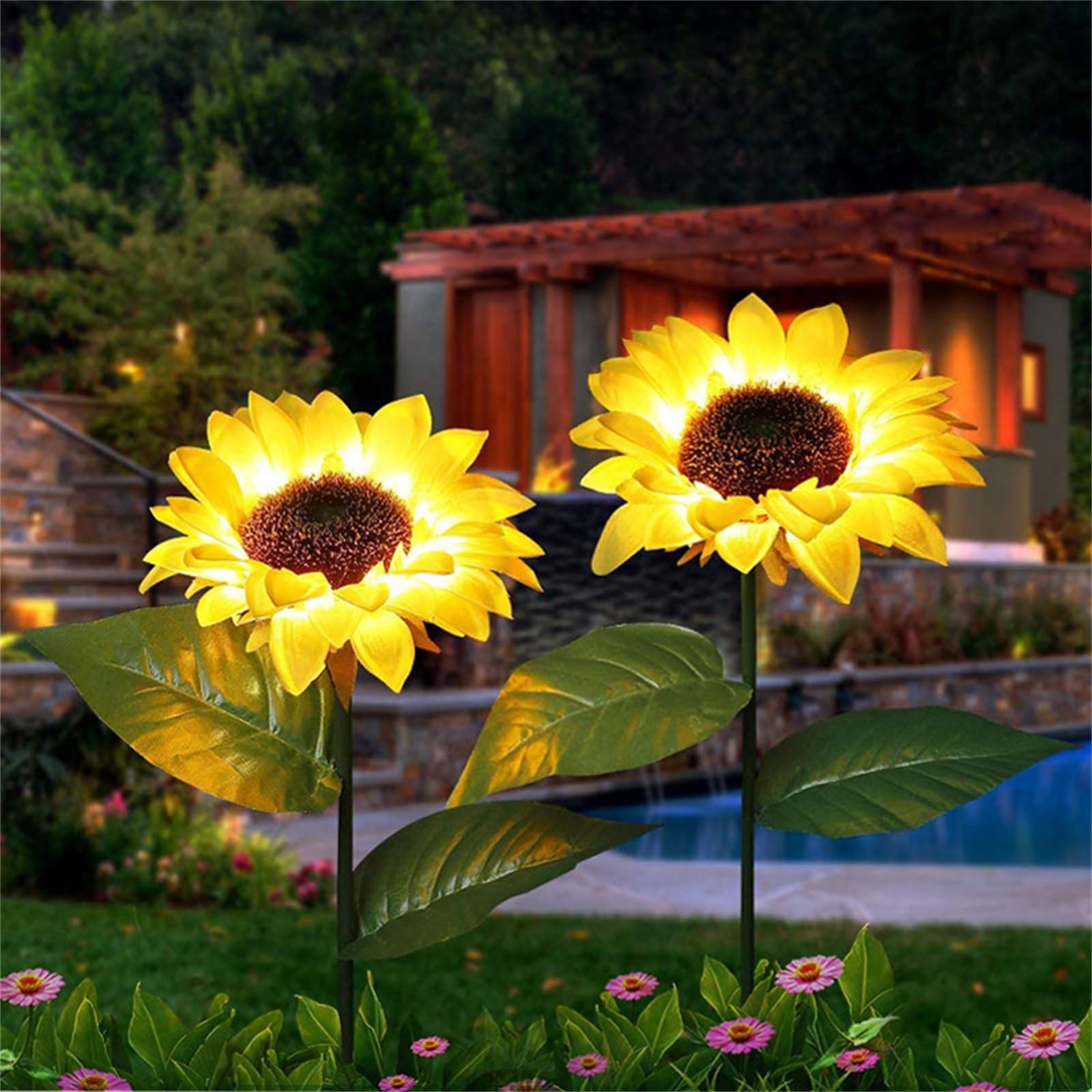 Outdoor Solar Garden Stake Lights,Solar Lights Outdoor Garden, 2Pack LED Solar Powered Realistic Sunflower Lights, Waterproof Decorative Landscape Lights for Garden Patio Lawn Yard Pathway (2PCS)