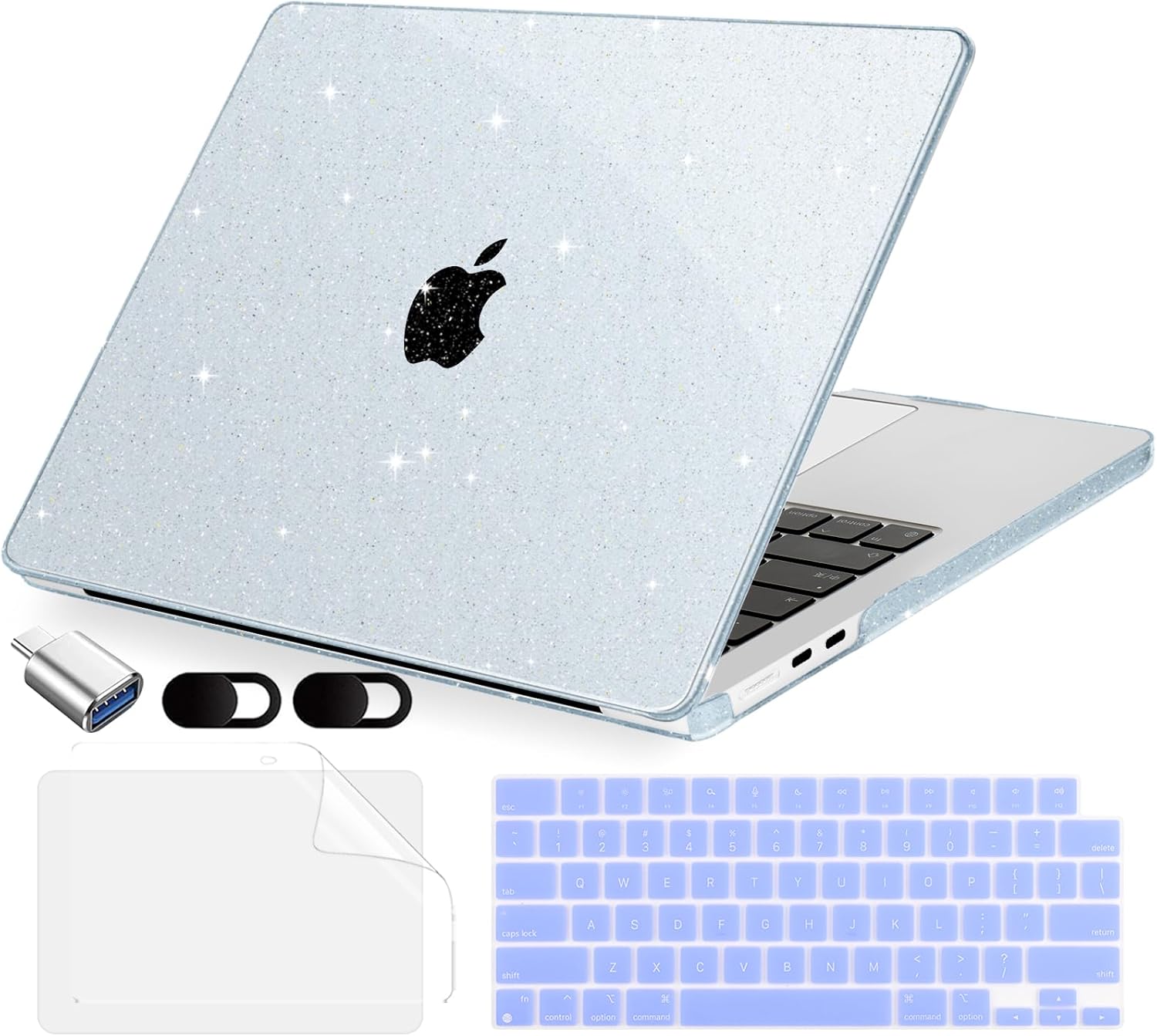 MecBevia Compatible with 2026 M5 MacBook Air 15 inch Case, 2026 2025-2023 M5 A3448 M4 A3241 M3 A3114 M2 A2941, Keyboard Cover, Screen Protector, Webcam Cover & Type-C OTG, Sparkly Blue