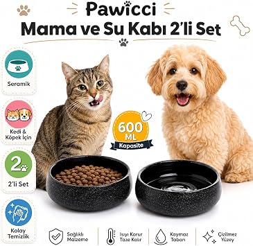 Seramik El Yap m  2li Kedi K pek Mama ve Su Kab  Seti, 350 ml Kabartma Desenli Stoneware, BPA  ermez G da G venli, Kaymaz Tabanl , Kedi K pek Mama Kasesi Tak m  S YAH