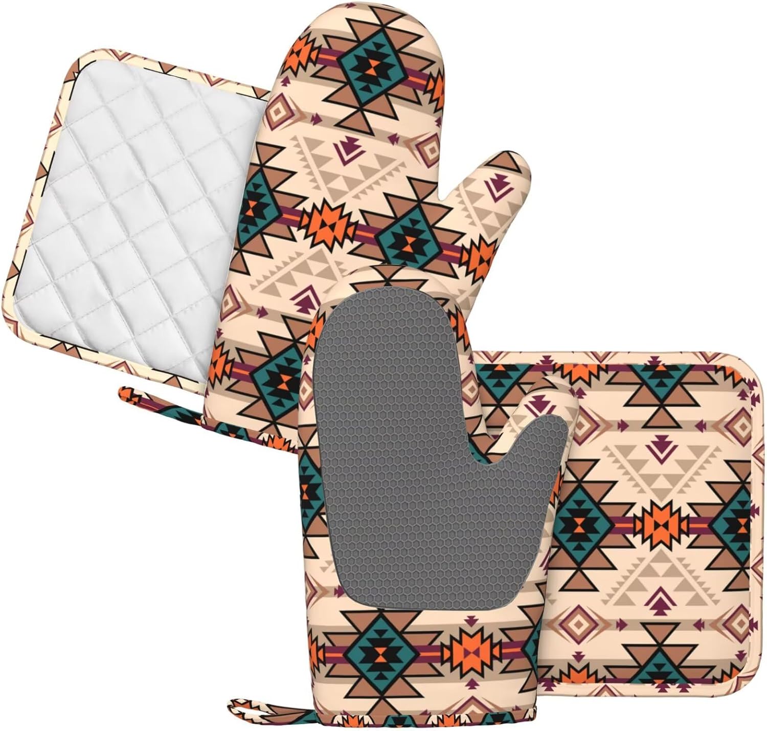 Aztec Print Oven Mitts Pot Holders Set Silicone Native American Kitchen Gloves Western Tribal Potholders Non-Slip Heat Resistant for Chef Baking Cooking Grilling BBQ 4 pcs Kitchen Mitts