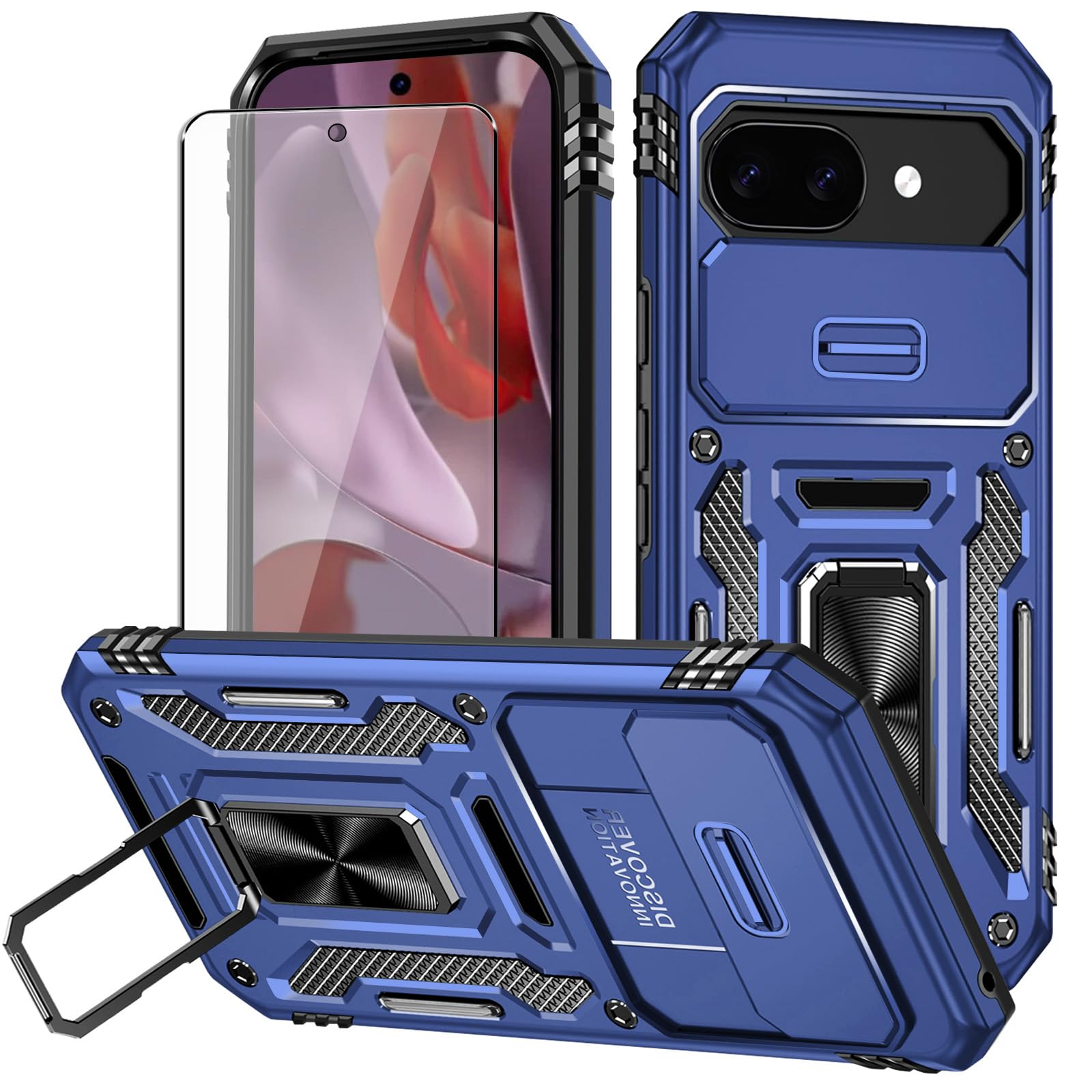 for Google Pixel 9a Case with Screen Protector and with Camera Cover, 360°Military Grade Rotatable Kickstand (Heavy Duty) ...