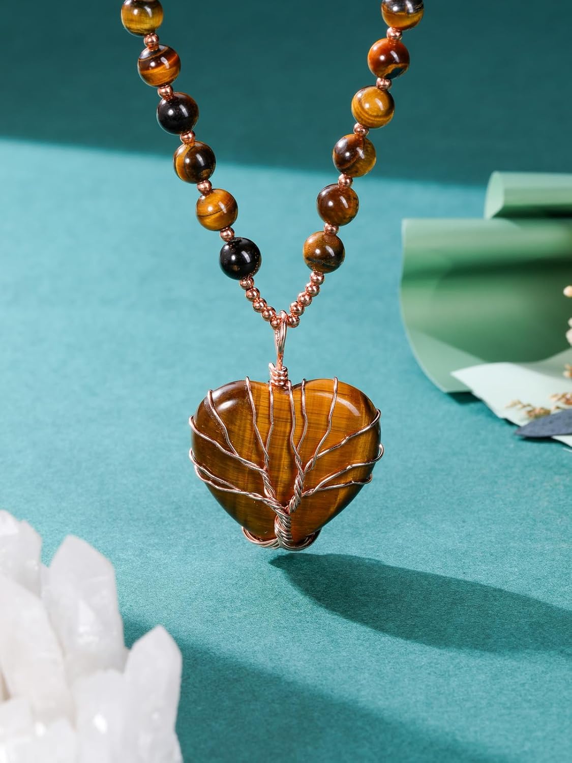 Top Plaza Healing Crystal Amethyst Necklace Natural Stone Beads Life Tree Wire Wrapped Teardrop Gemstone Pendant Jewelry for Women Mom - Image 3