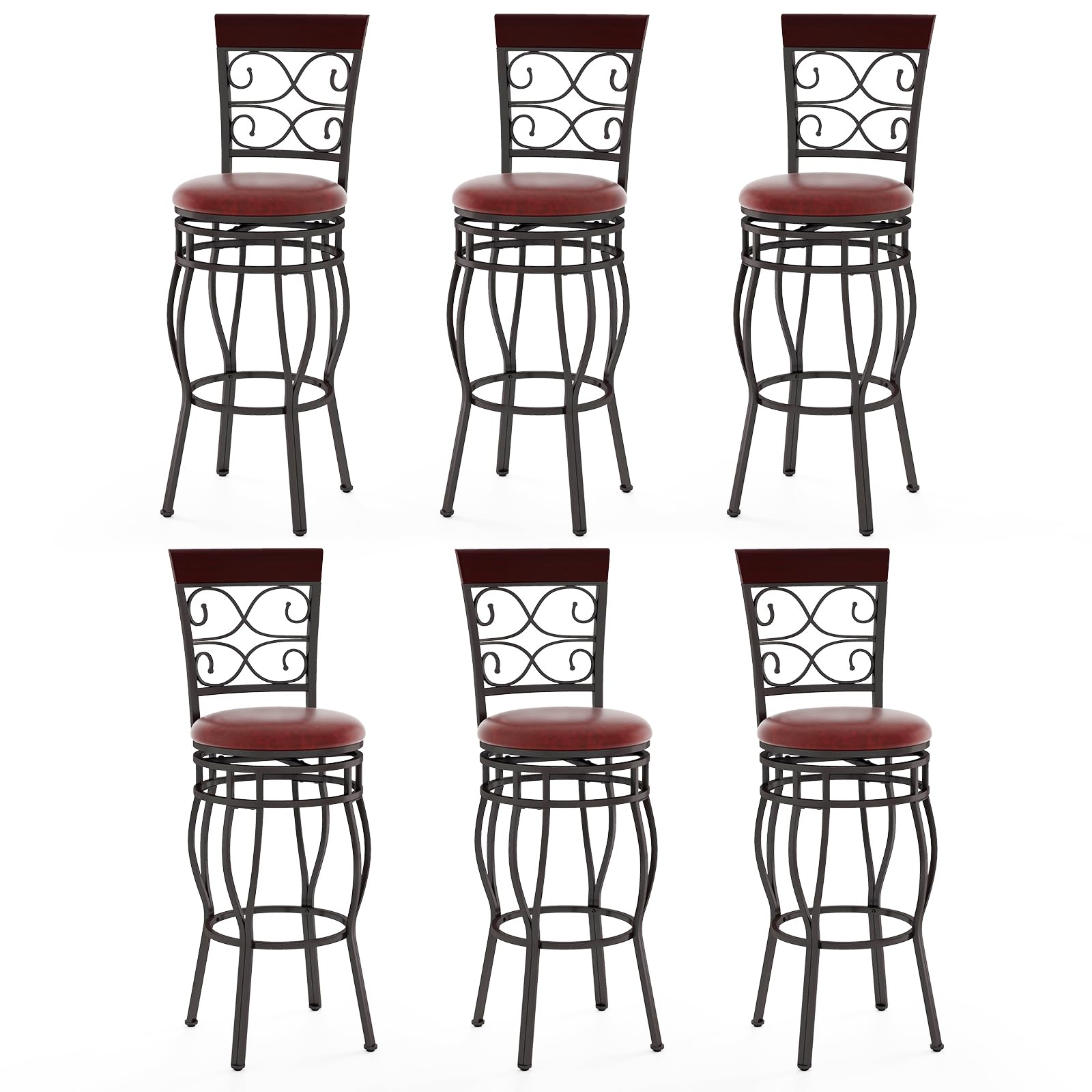 Safeplus 30 Inches Tall Metal Bar Stools Set of 6, 360 Degree Swivel Retro Bar Chair with Leather Padded Seat and Back for Bistro Dining Kitchen Room Pub Vintage Chairs