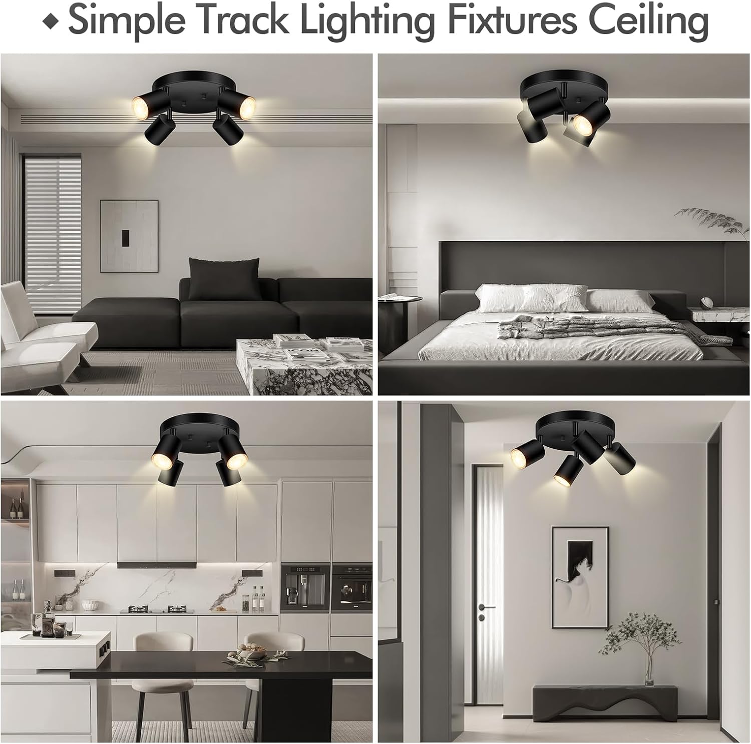 4 Light Track Lighting Fixtures Ceiling, Matte Black Round Directional Ceiling Spotlight, GU10 Flush Mount Track Fixture, Adjustable Modern LED Track Lights for Kitchen/Living Room, Bulb Not Included