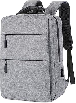 Minimalist Laptop Backpack with USB Port, Business Travel Bag, Water Resistant, Gray