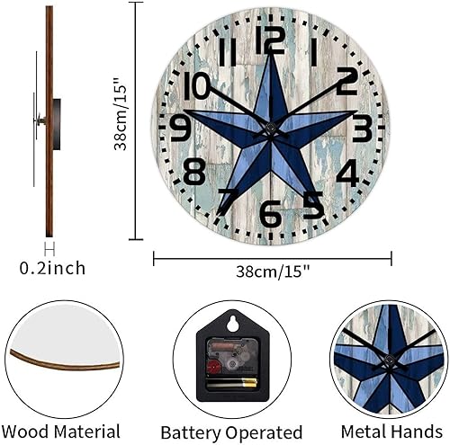 Miniatura 10 de Reloj de pared redondo de 10 pulgadas con estrella del oeste de Texas reloj de pared decorativo de madera de campo sin tictac funciona con pilas
