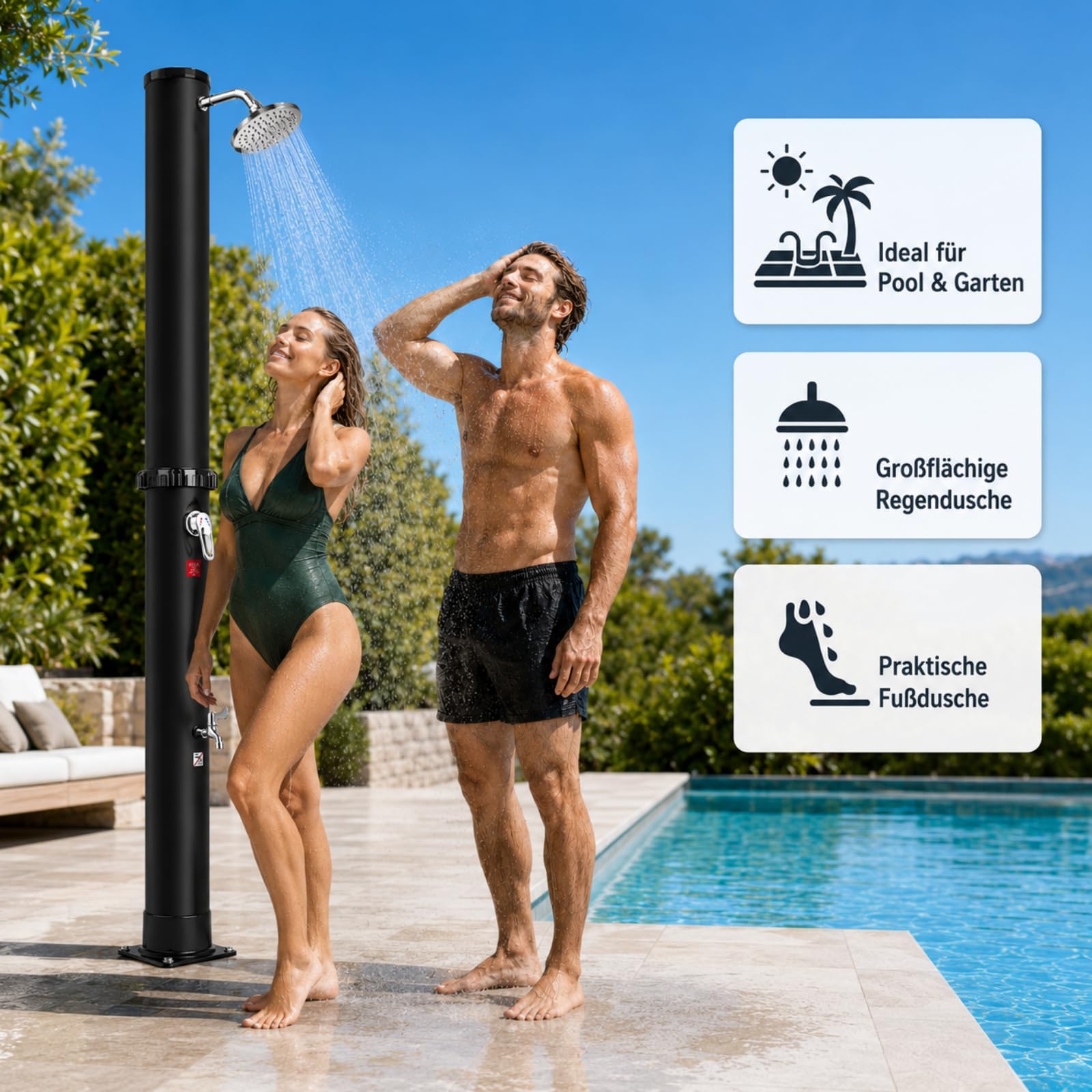 Douche Solaire 40 litres, Douches de Jardin avec Douche Réglable et Robinet, Solaire pour Piscine Douche, Température Maximale de 60°C - Idéal pour Camping, Jardin et Piscine Exterieure