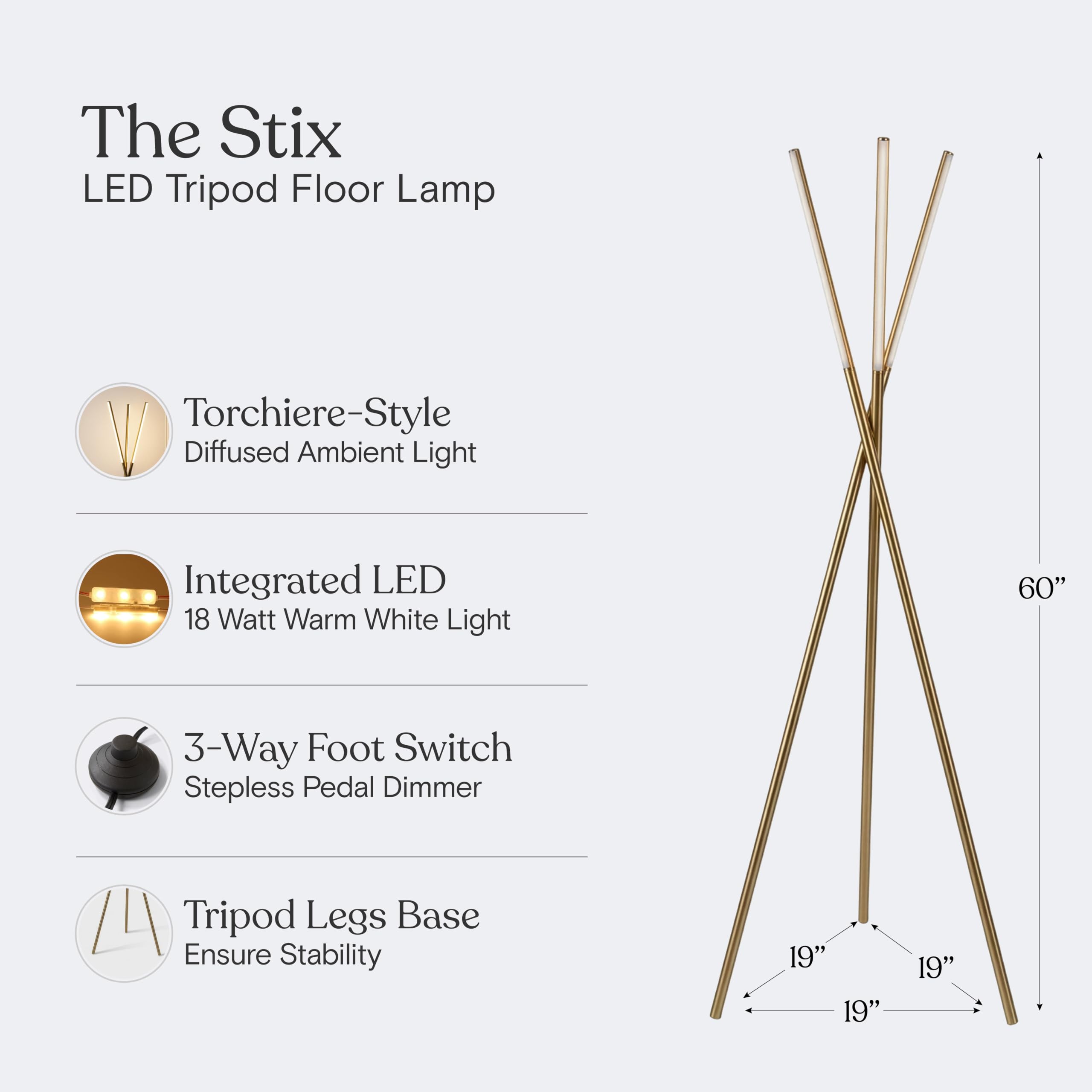 Brightech Stix LED Tripod Floor Lamp for Living Room - Dimmable Modern Standing Lamp with 3 Lights for Bedroom - Contemporary Office Lighting- Gold Antique Brass product thumbnail 4