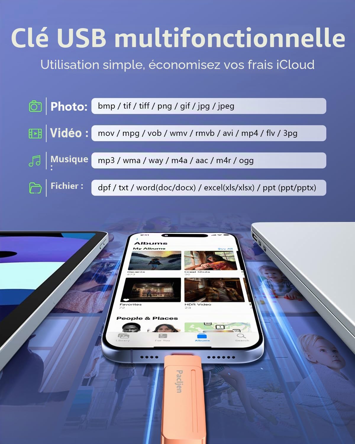 Clé USB pour iPhone 256Go,[MFi Certified] Pacljen 3 en 1 Cle USB 3.0 pour Lightning et USB C Mémoire Externe pour Sauvegarde Rapide Clef USB Compatible avec iPhone/iPad/Android/Mac/PC (256GO,Rose)