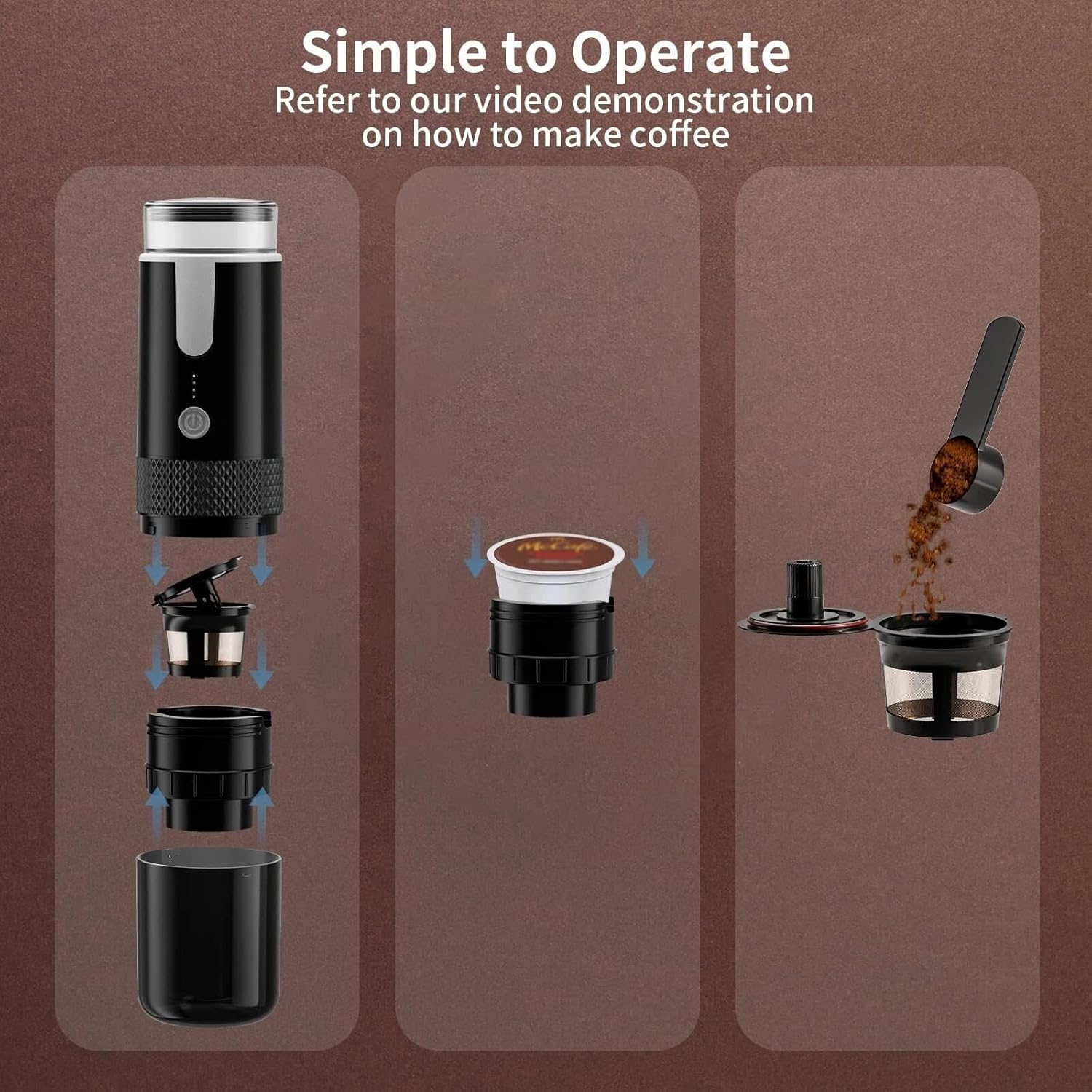 Diagram showing assembly steps for HURRISE Portable Coffee Machine