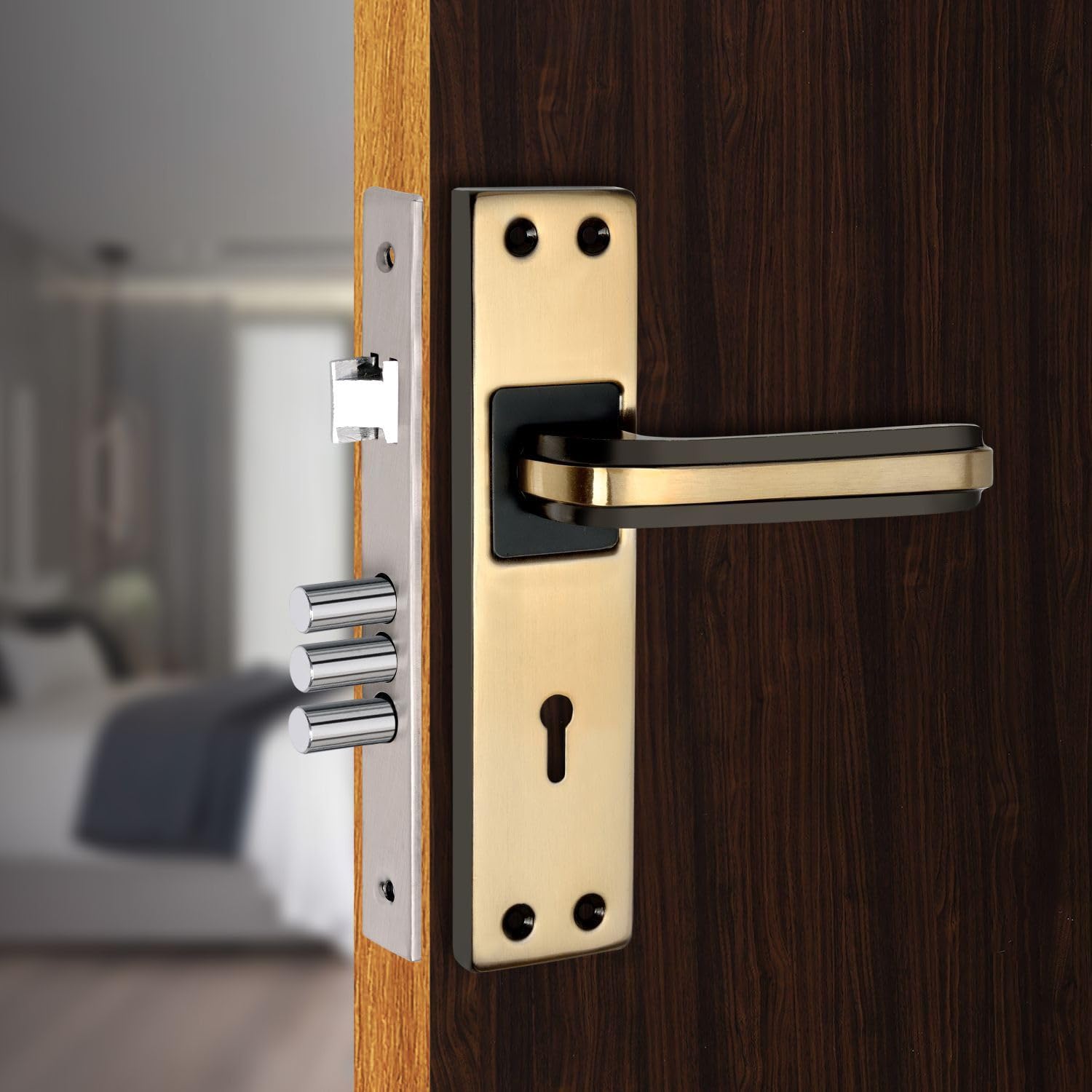 Milton Iron MHI-Liner Black.Gold 7 Inch Iron Mortise Lock Set with Lock Handle,Finish, Black Gold 175 mm x 40 mm Plate, 100mm Handle Length, Includes Keys and Screws-image-13